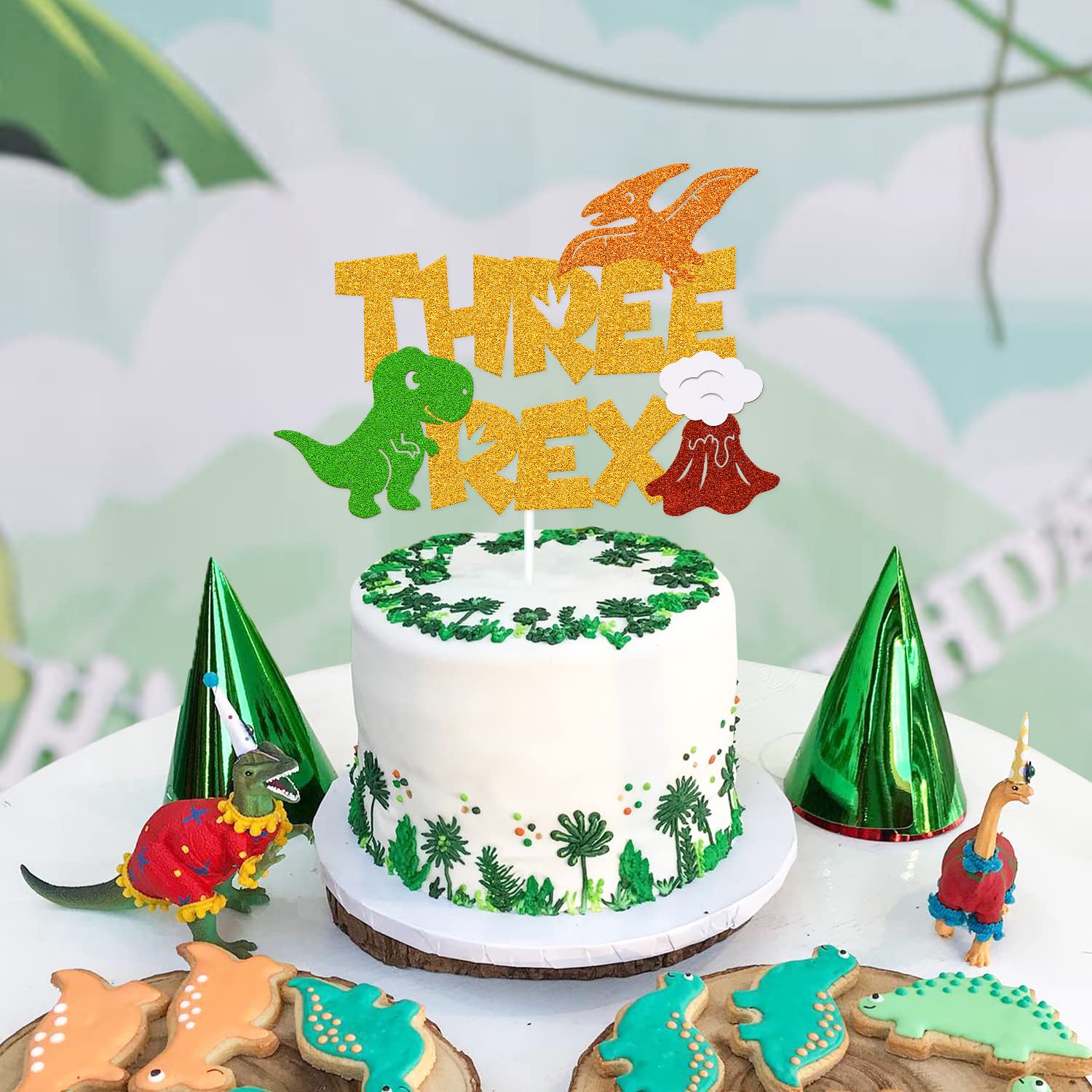 Dinosaur Three Rex Cake Topper - Double Sided Glitter Cake Decoration For 3rd Birthday, Boys' Dino Party