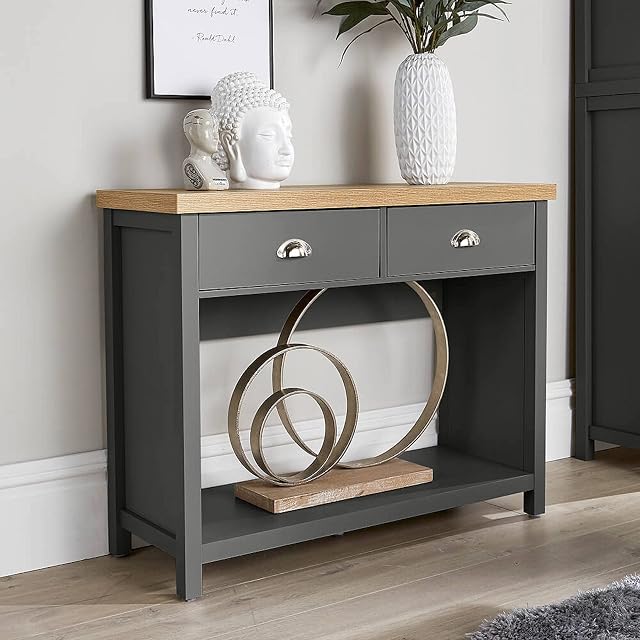 Home Source Console 2 Drawer Telephone Table Dark Grey Oak Hallway Storage, Graphite, Large
