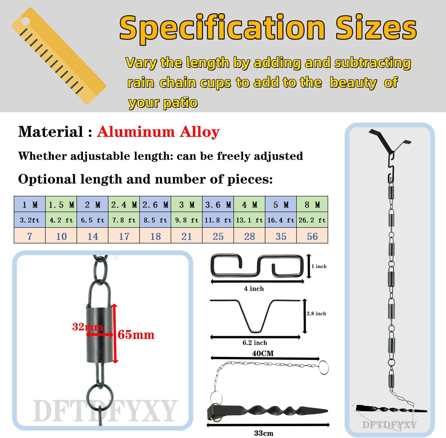 DFTDFYXYRain Chain Adjustable Aluminum Outdoor Rain Chains Rain Catcher Chain 3.2-26.2FT Water Feature Or Downpipe with Fixer and Hook,for Gutter Adapter,Decorate The Garden,Patio,Temple,2m(6.5ft)