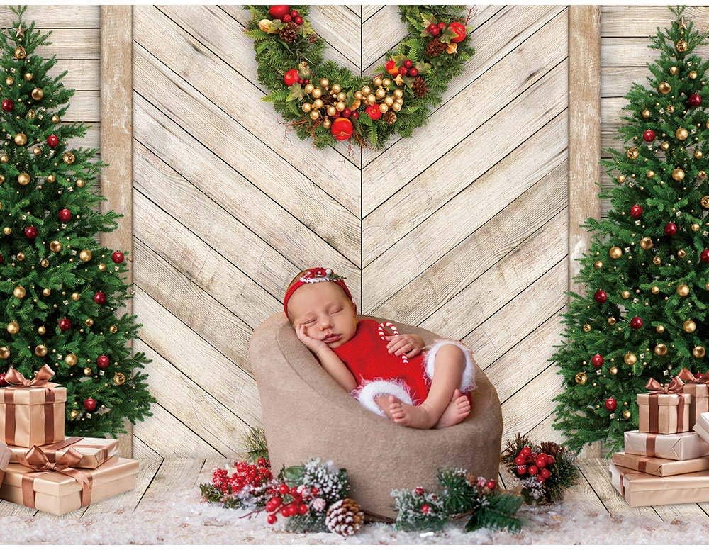 Best Promo Funnytree 7x5FT Christmas Wood House Photography Backdrop for Xmas Decoration Pine Tree Gifts Rustic Door Background Photo Booth Shoot Durable Fabric Washable