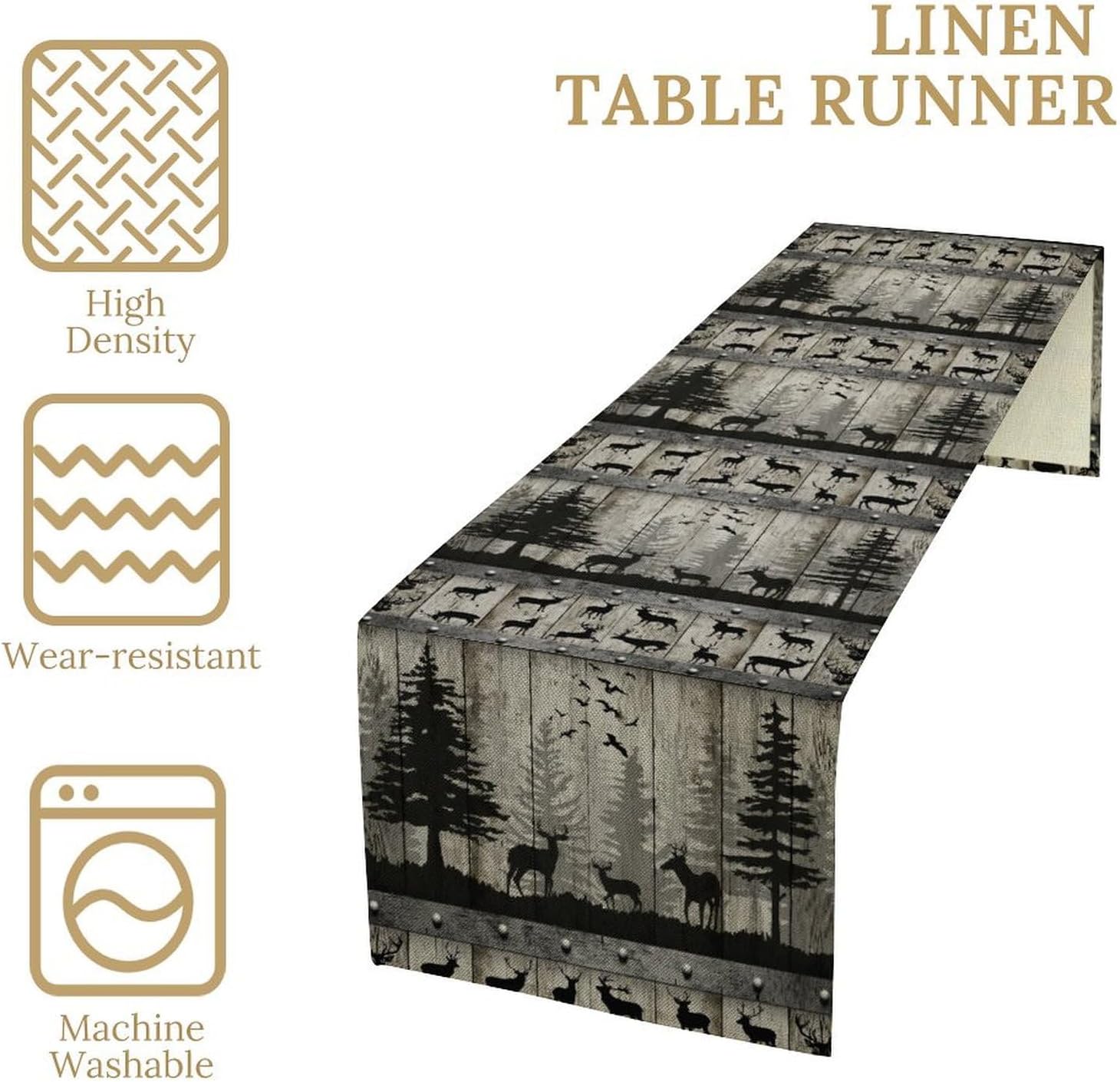 Farmhouse Rustic Forest Table Runner Black and Grey Vintage Deer Country Cabin Kitchen Dinner Runner for Indoor Home Living Room Party Dining Table Decoration 13"x108"