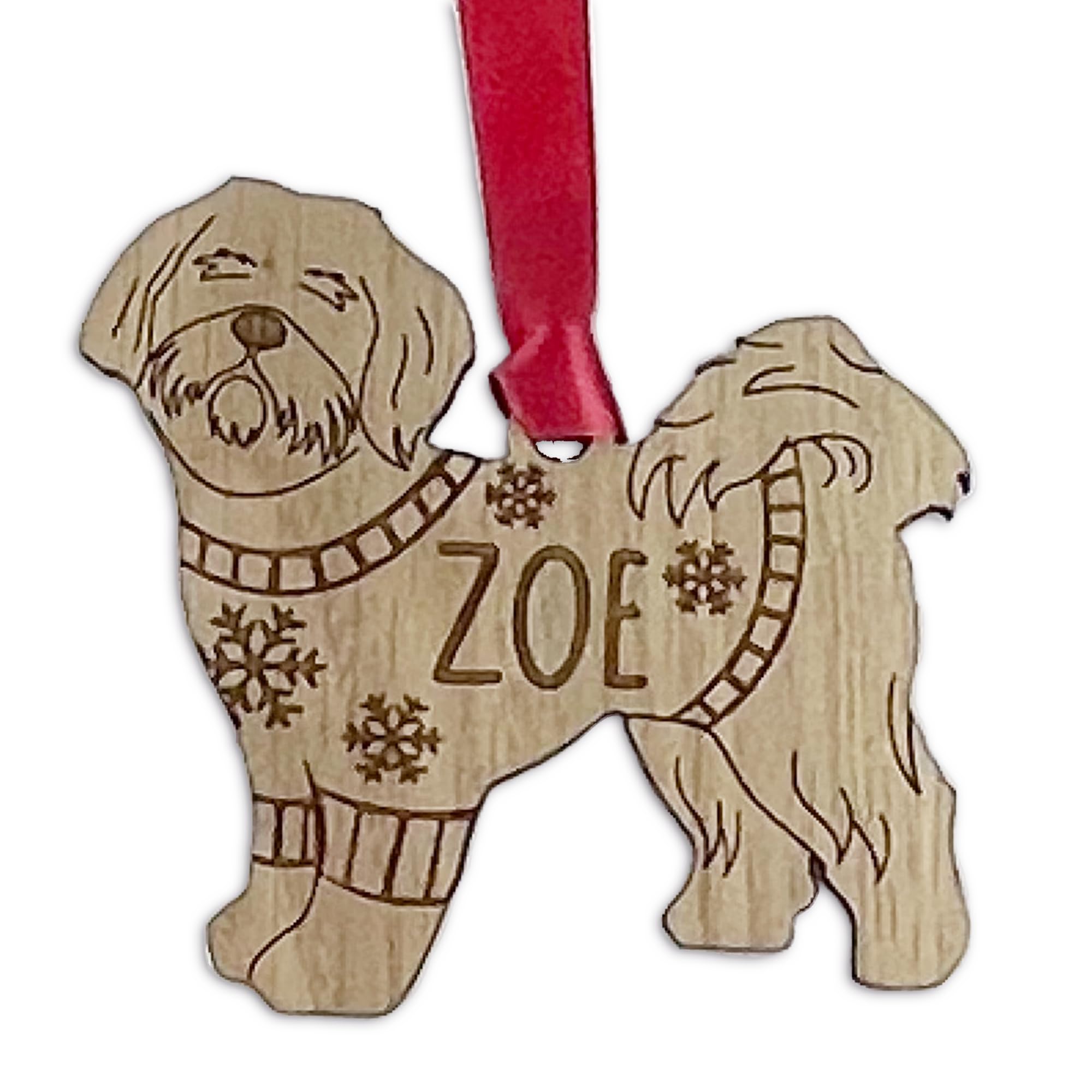 Personalised Shih Tzu Dog Christmas Tree Bauble, Jumper with Snowflakes Design, Oak Veneer Wood or White Wood Decoration with Red Ribbon (Oak Veneer, Decoration Only)