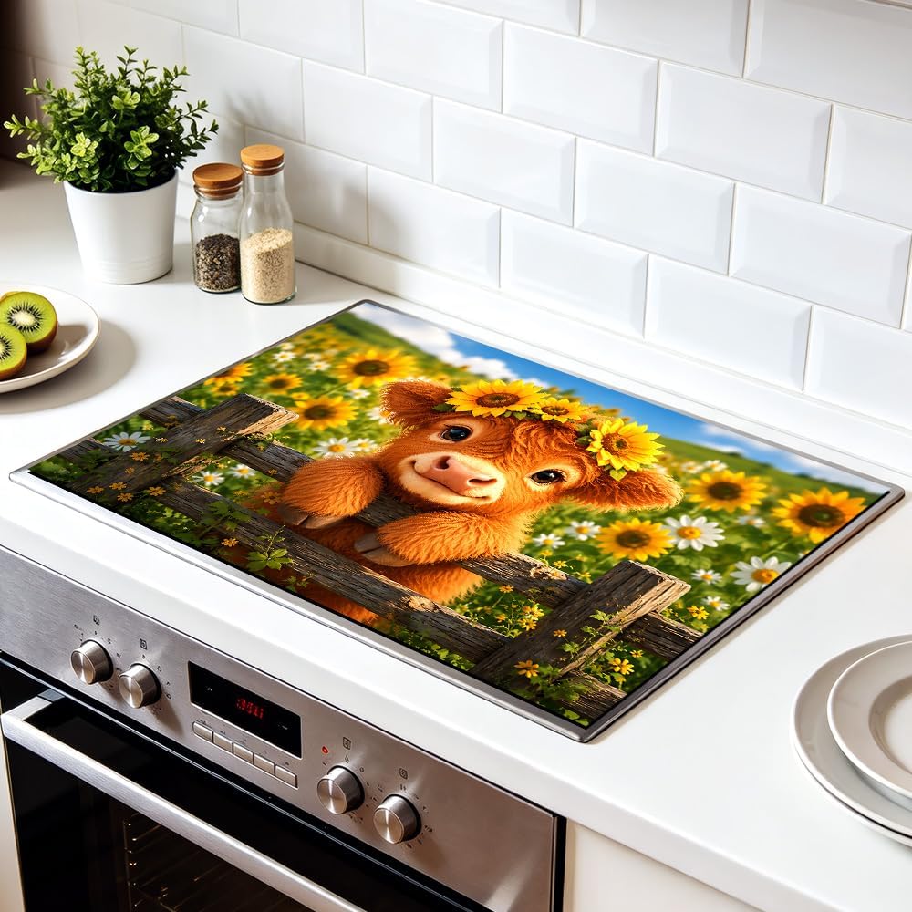 Farmhouse Highland Cow Stove Top Cover 28x20 Inch Electric Stove Cover | Smiling cow chef in a sunflower crown on durable rubber; a fun protective stove cover and extra kitchen prep surface