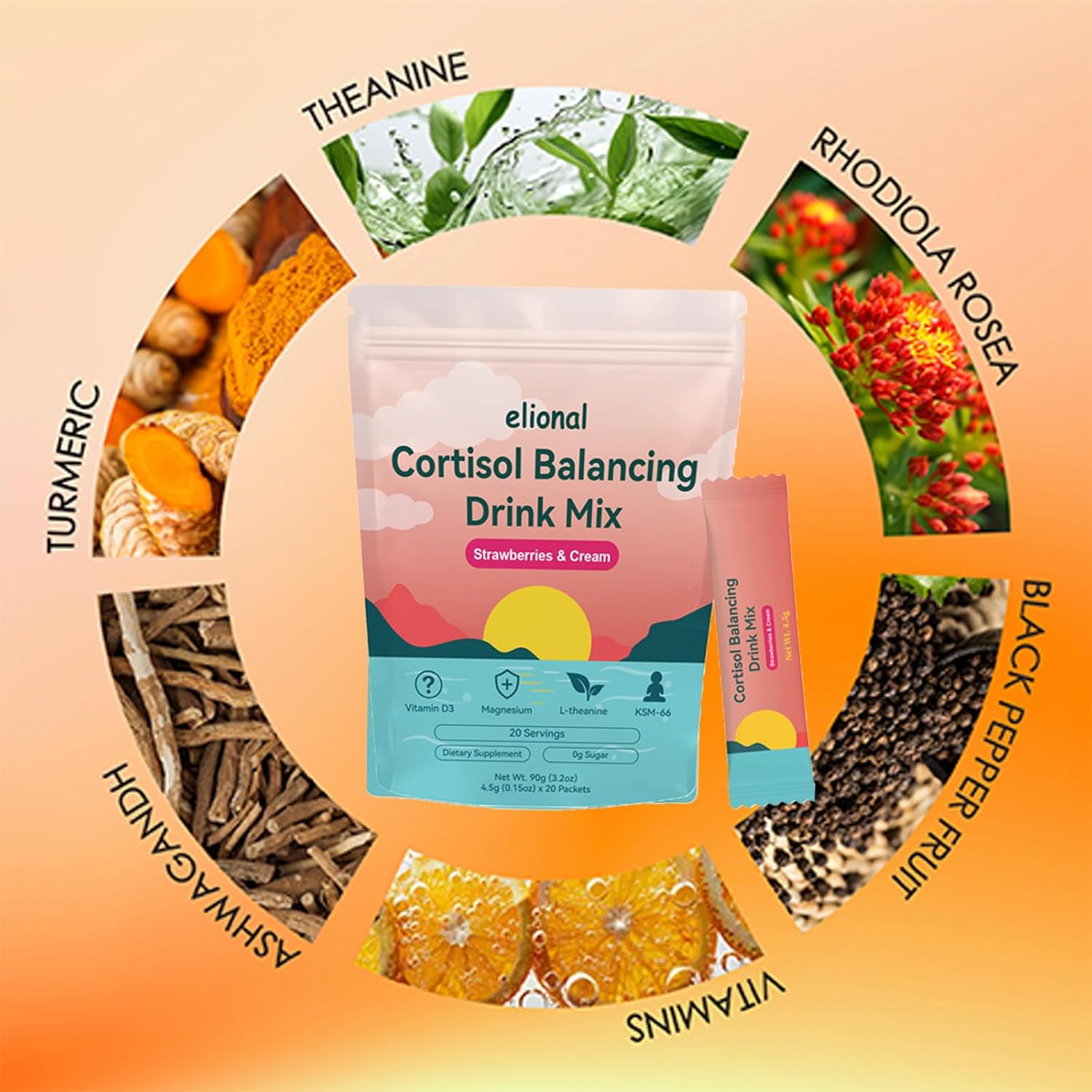 Cortisol Drink Mix for Mental Clarity & Digestive Comfort – Ashwagandha + L-Theanine Powder – Strawberries Cream Flavor – 20 (Strawberries & Cream)