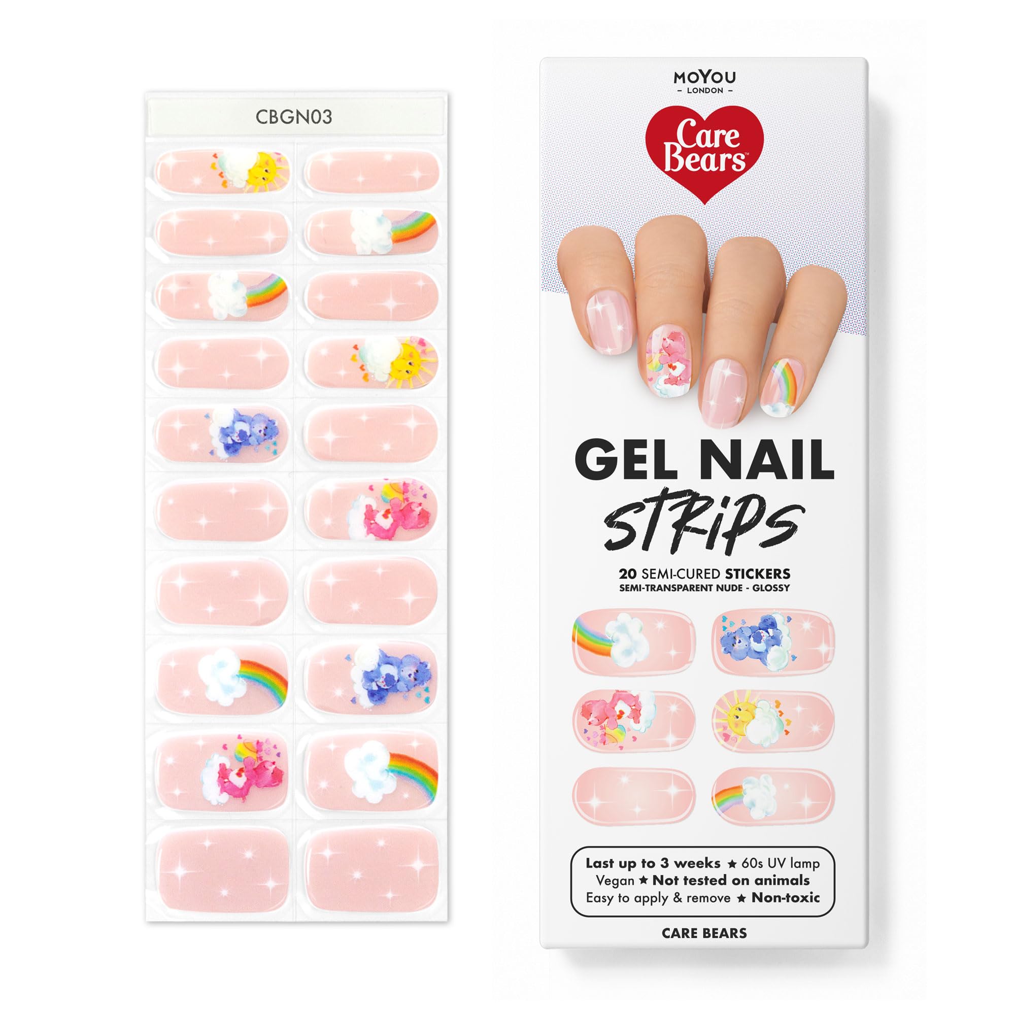 MOYOU LONDONSemi Cured Gel Nail Strips, 20 Pc. Gel Wraps for Nails, Easy Apply & Remove for Salon-Quality Manicure, Works with Any Nail Lamps - Care Bear 03 (in the clouds)