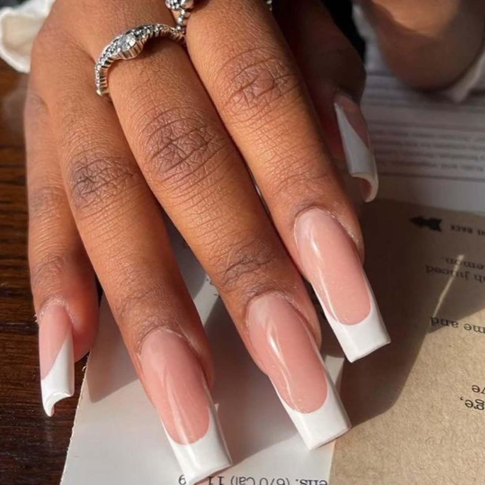 Hkanlre Square Long Press on Nails French Fake Nails Nude Full Cover Xl False Nails for Women and Girls 24PCS