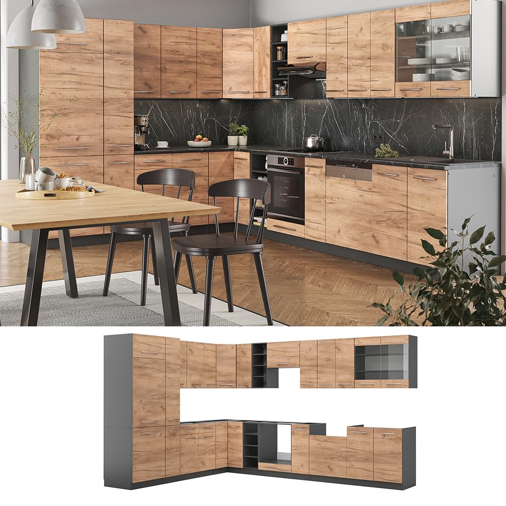 Vicco Cocina esquinera Fame-Line, Oro Power Roble/Antracita, 347 x 46 cm sin encimera, para una planificación Flexible de la Cocina y ampliación Modular
