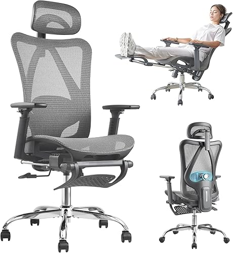 Silla de oficina ergonómica, cilindro de gas certificado SGS, silla de oficina con soporte lumbar ajustable y profundidad del asiento, reposapiés