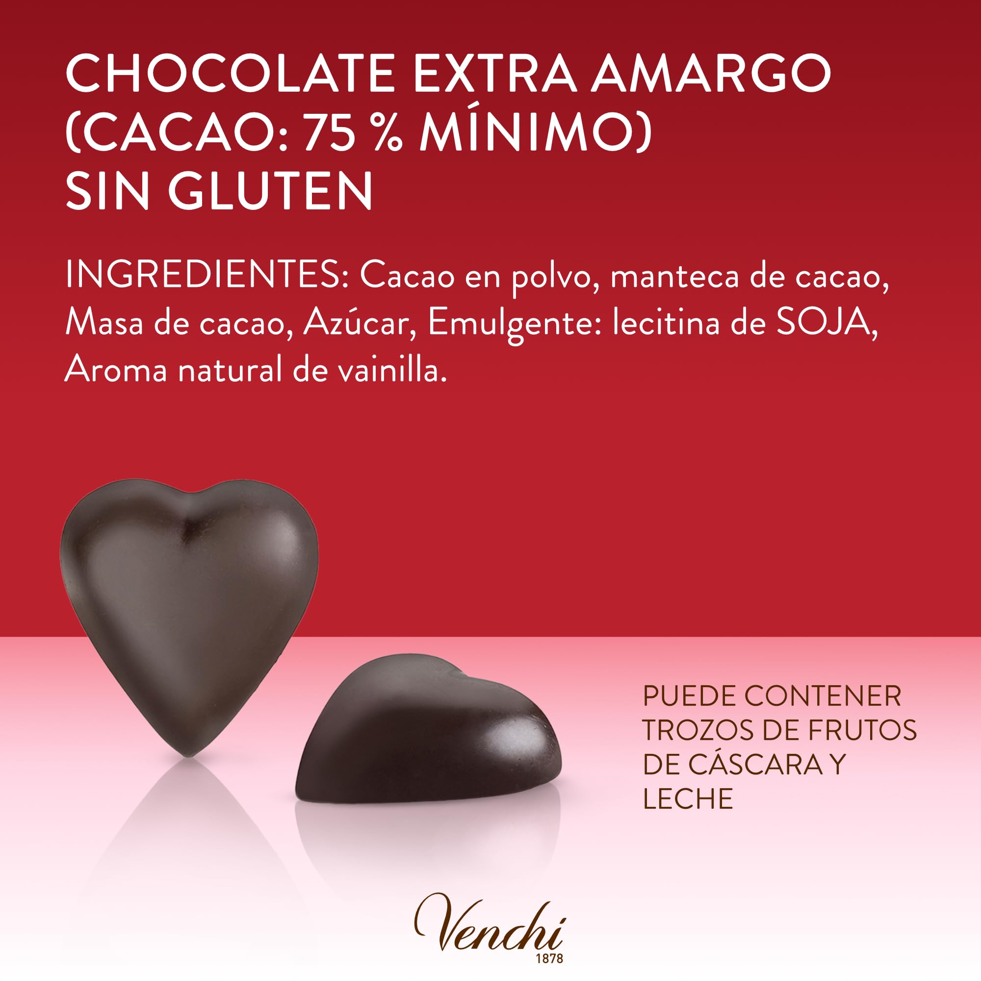 Venchi - Bombones Valentine Extra Fondant 75%, 1 kg - Bombones en forma de corazón - Sin gluten - Vegano