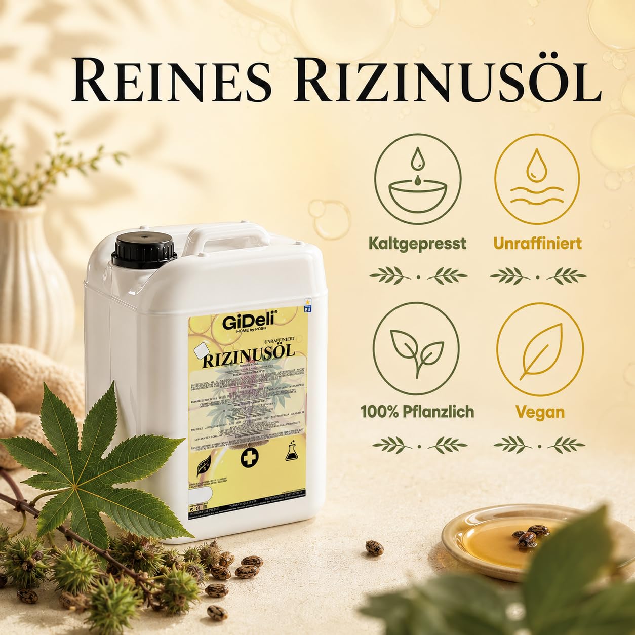 GiDeli Aceite de ricino prensado en frío, 10 l, puro aceite de ricino en Ph. Eur. Calidad para cabello, pestañas y piel – Aceite de cuidado sin refinar como base para cosméticos naturales DIY – Sin