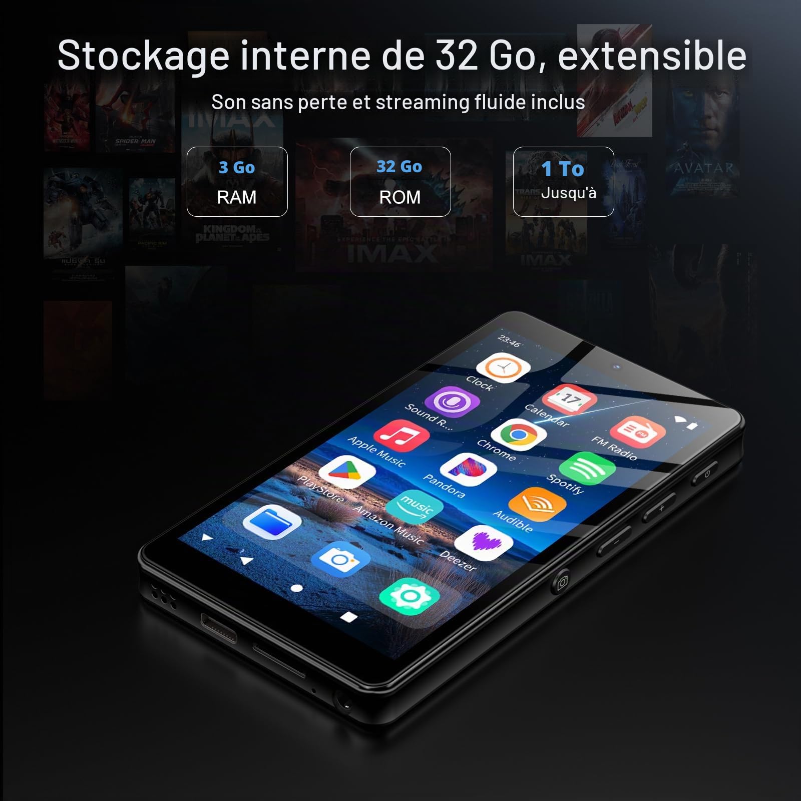 Lecteur MP3 32Go avec Bluetooth et WiFi, Caméra, Oilsky 4,02" Android 13 Lecteur de Musique HD avec Spotify, Audible, Deezer, MP4 écran Tactile et Haut-parleurs