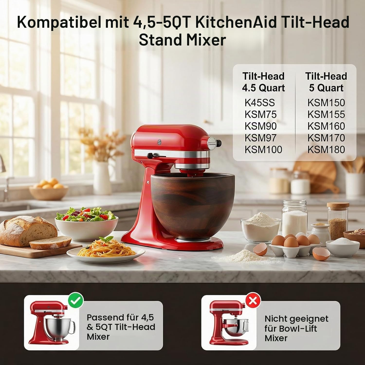 COFUN Rührschüssel aus Holz für KitchenAid Küchenmaschinen, 4.3L, 4.7L/4.8L