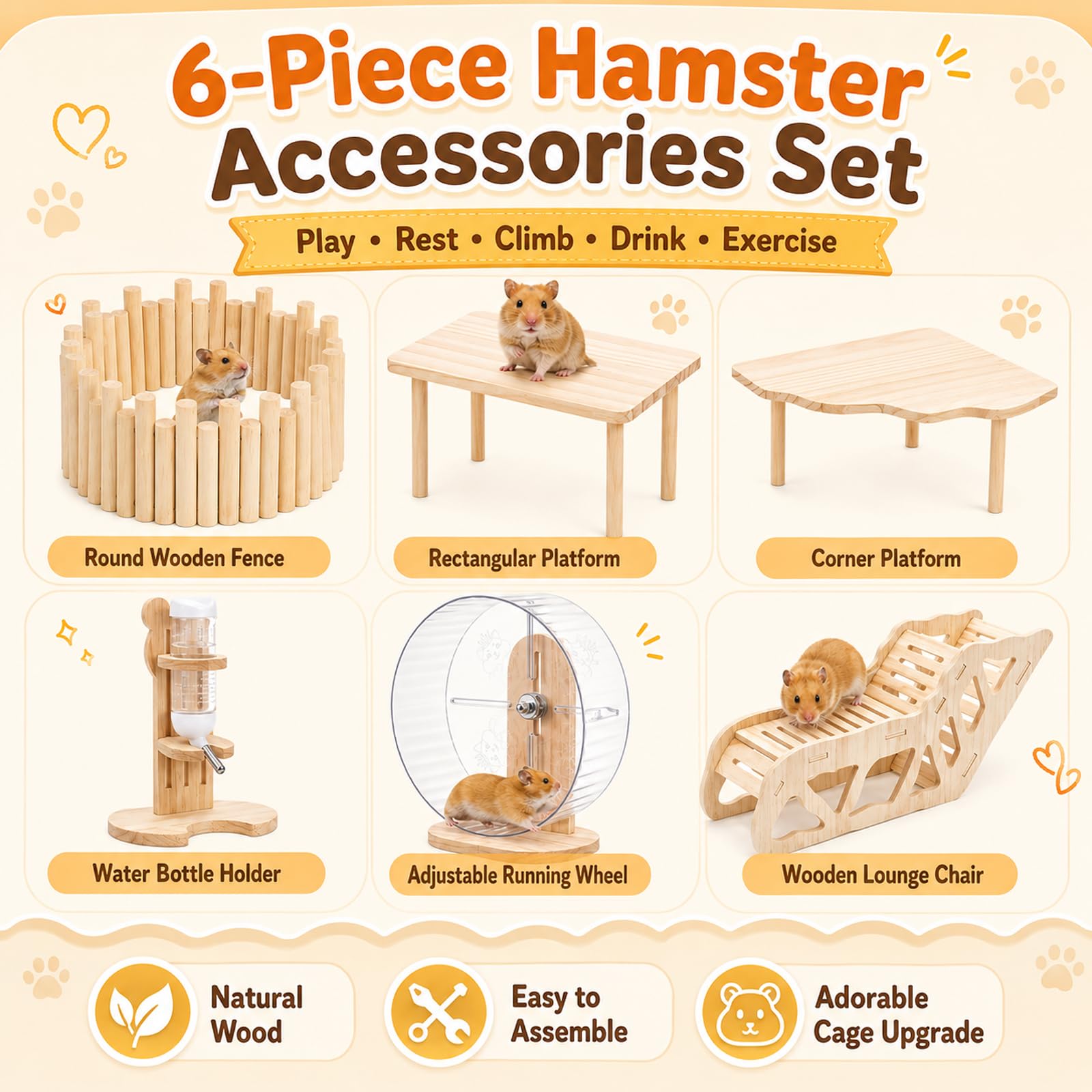 Juego de 3 plataformas de hámster con plataforma, escalera ondulada y túnel de hámster, accesorios de madera natural para conejillos de indias, chinchilla, conejos, animales pequeños (juego de