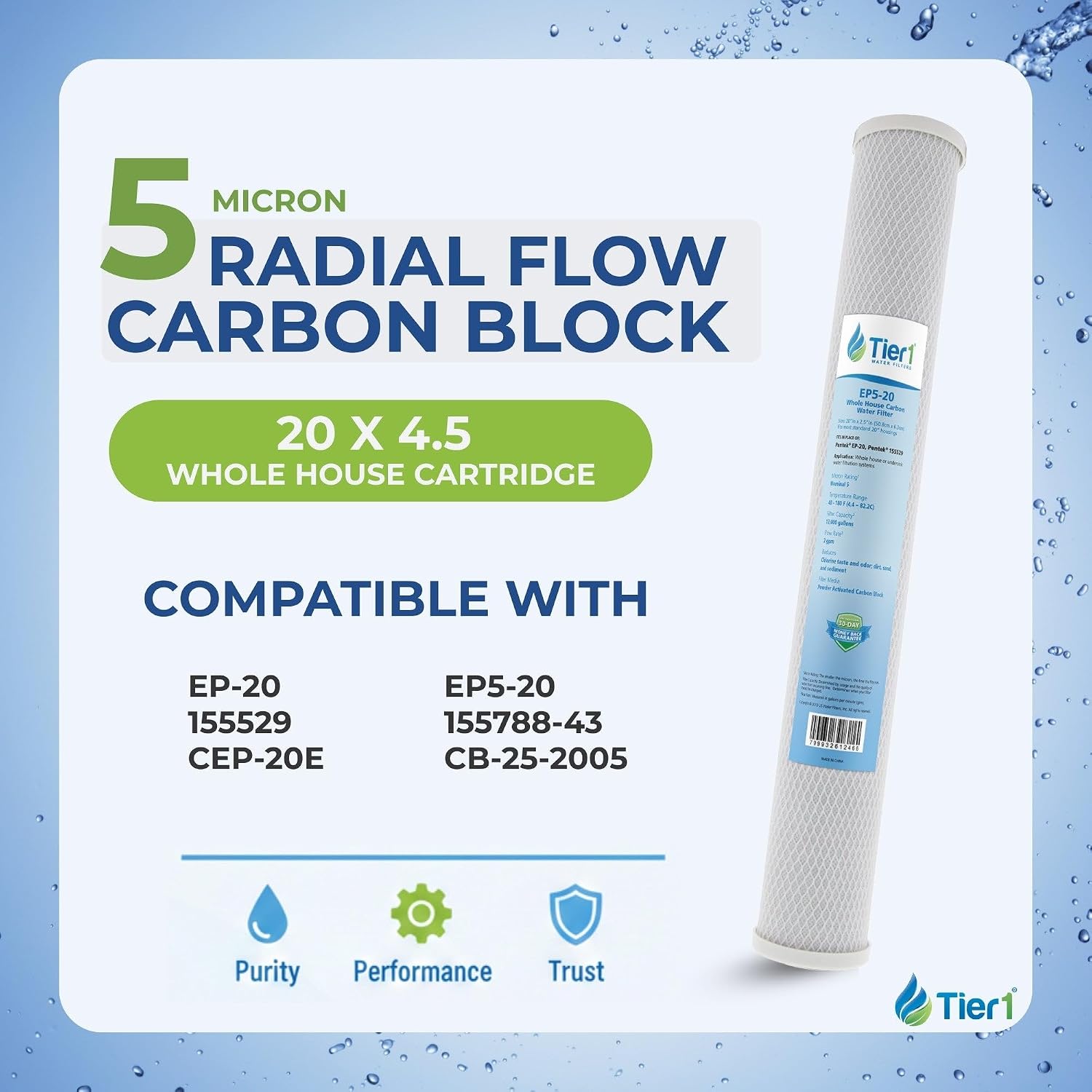 Tier1 5 Micron 20 x 2.5 Water Filter | Carbon Block Whole House Cartridge Kit with O-Ring & Lubricant | Replacement for Pentek EP-20, 155529-43, CEP-20E, EP5-20 | 2.5 x 20 Water Filter (3-Pack)