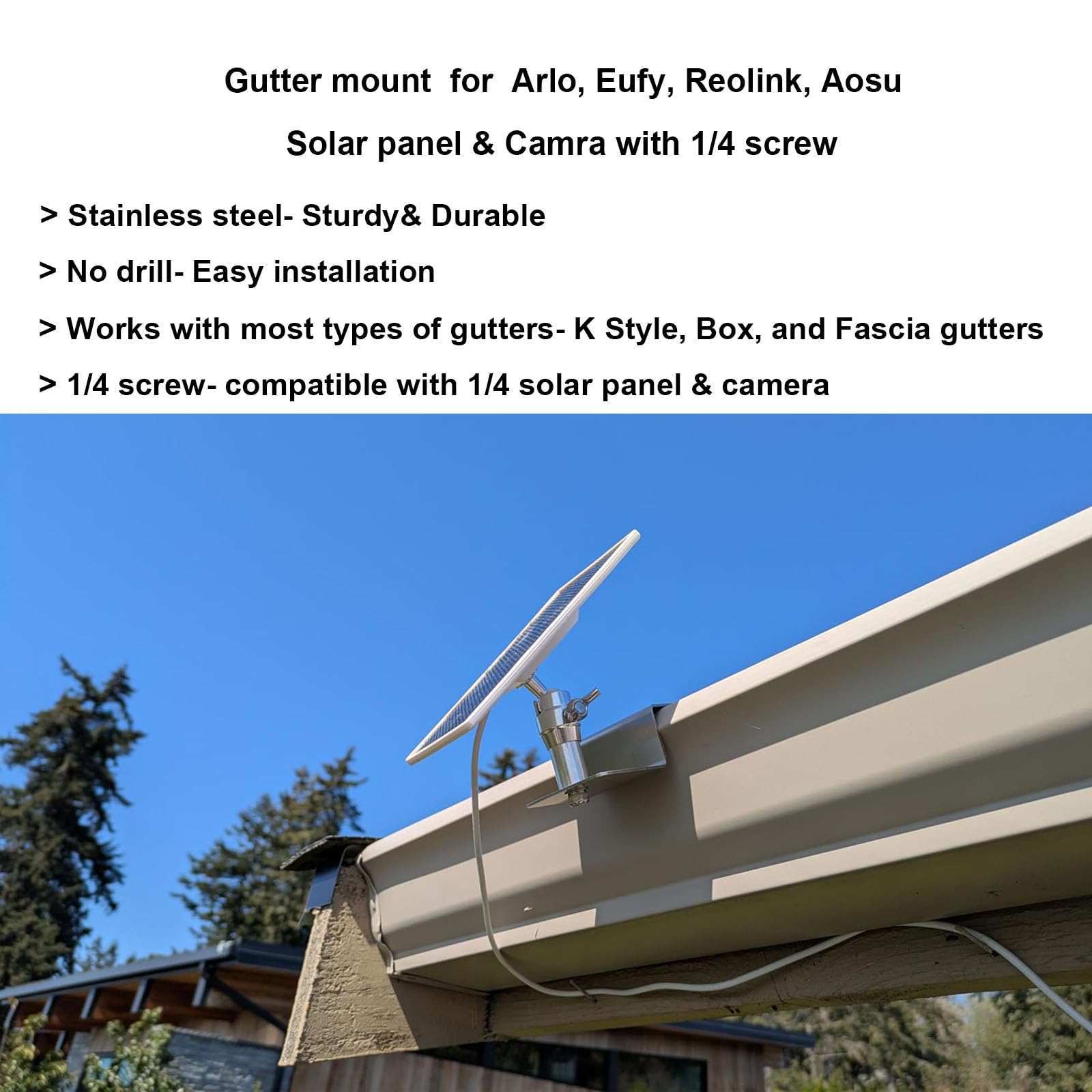 WiTi Eufy roestvrijstalen dakgoothouder, Arlo zonnepaneel, verstelbare montagebeugel om de zon te krijgen, boorloze installatie voor 1/4 schroefcamera, zilverkleur