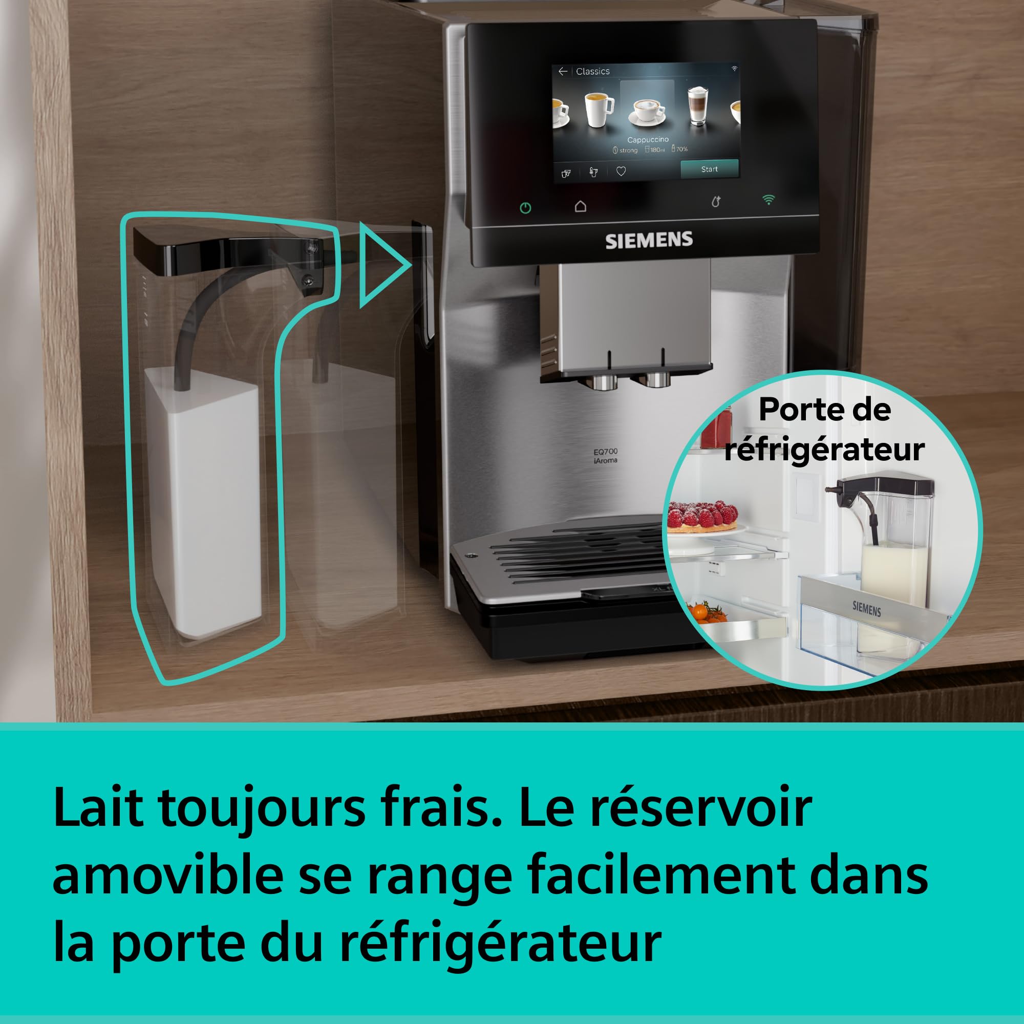 SIEMENS Machine à café entièrement automatique, EQ700 iAroma, écran tactile, récipient à lait intégré, chauffe-tasses, Cold Brew et Slow Brew, application Home Appliances, inox/noir, TQ727E03