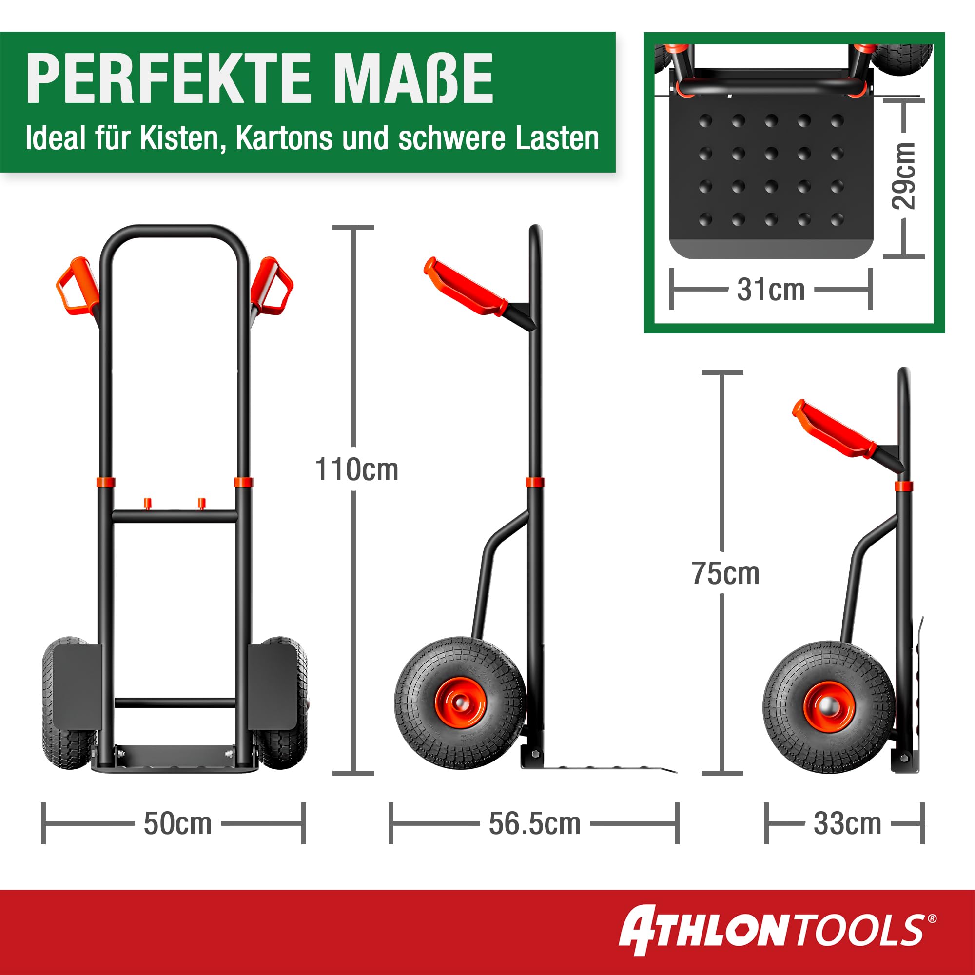 ATHLON TOOLS Schwerlast Sackkarre Vollgummireifen 200kg – Stahlrahmen mit luftgefüllten Reifen, große Räder leichtgängig & stoßarm, platzsparend zusammenklappbar