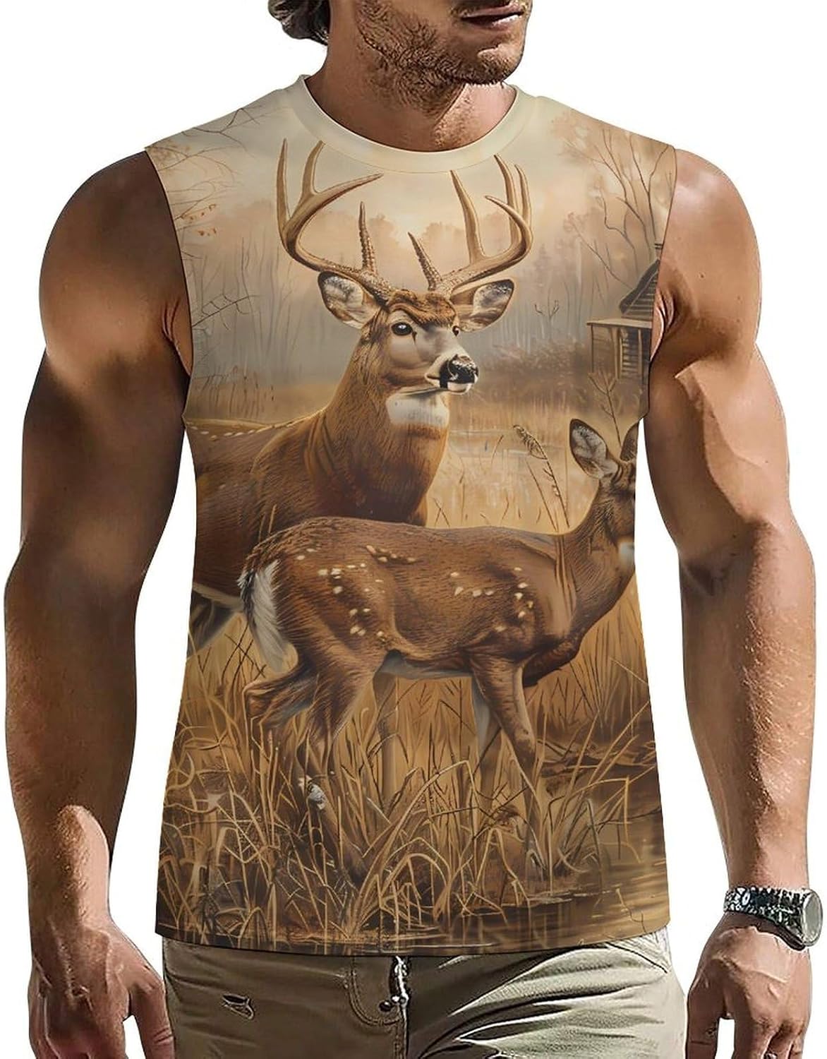 Whitetail Deer by Cabin Men Summer Sleeveless Crew Neck Top 5XL