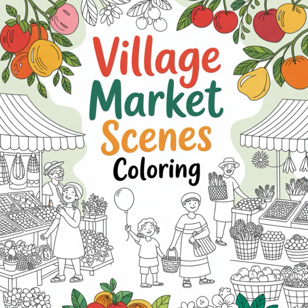 Village Market Scenes Coloring: Cute coloring book for kids, coloring book for adults, kawaii coloring book, Coloring Book for Adults and Kids, Bold and Easy