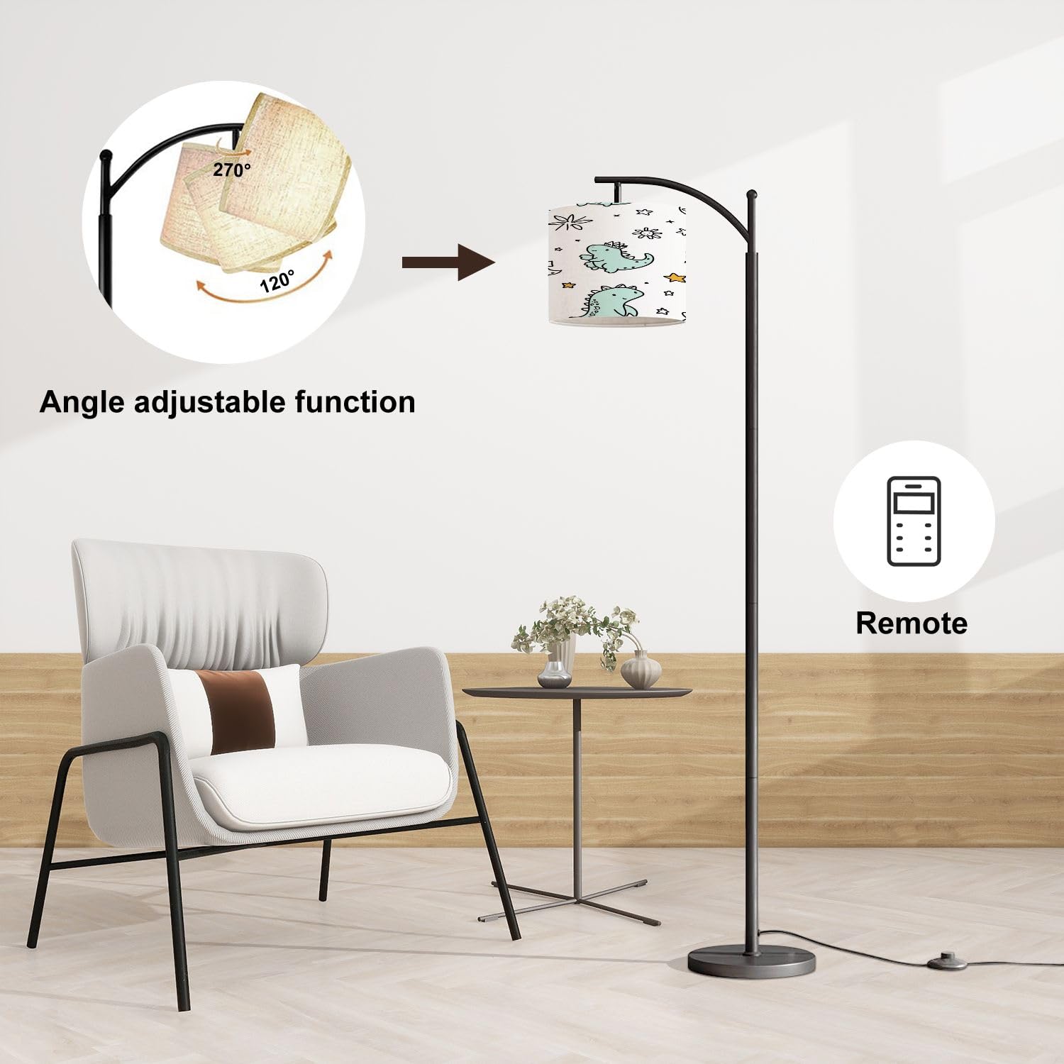 Arc Floor Lamp, Modern Funny cute girls dinosaurs Seamless pattern Coloring Kawaii baby dino Standing Lamp with Adjustable Hanging Linen Shade Foot Switch for Living Room Bedroom Study Room Office