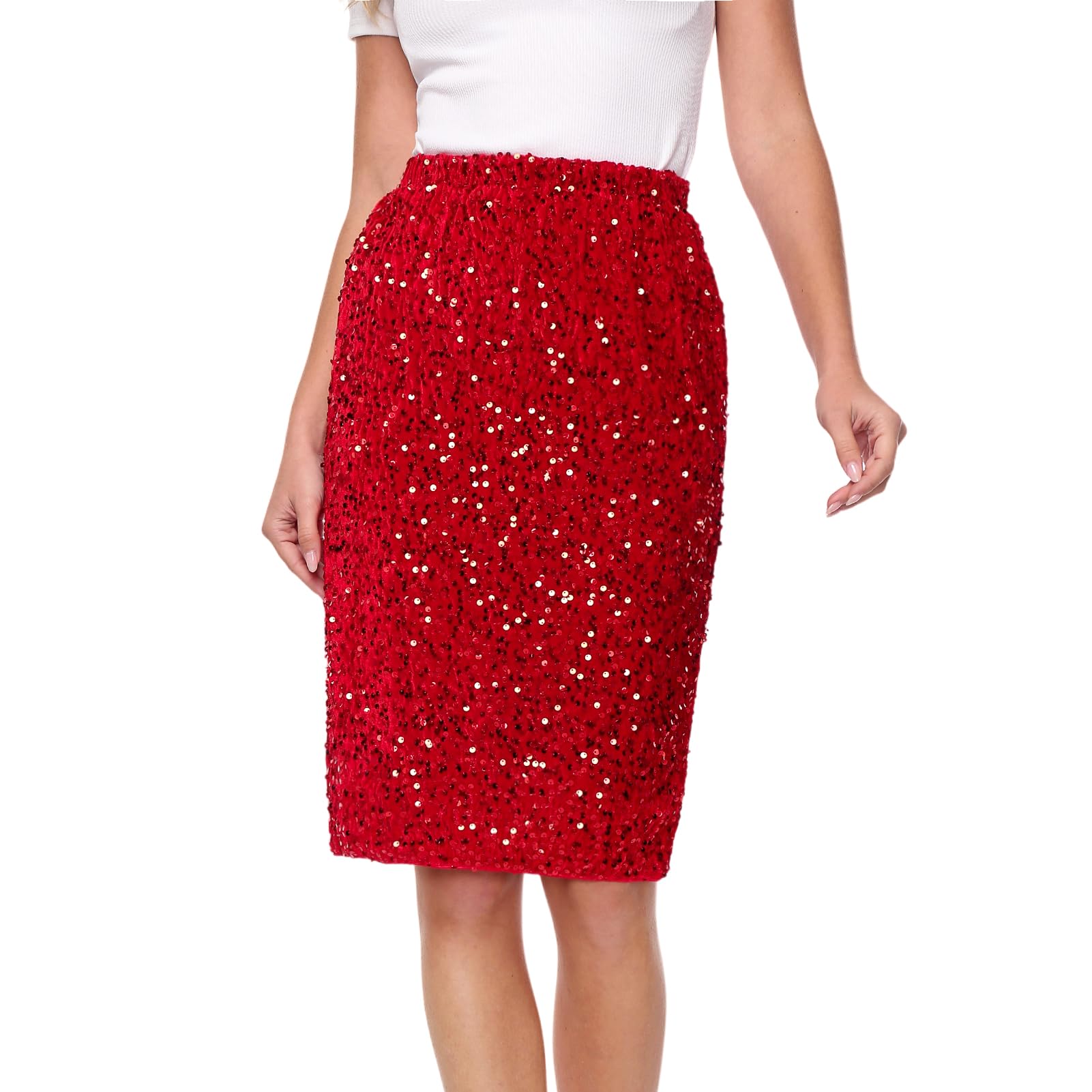 YYPBI Sequin Skirt for Women Elastic High Waist Sparkly Midi Skirt Cocktail Party Prom Glitter Pencil Skirts Red S
