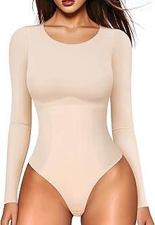 Long Sleeve Bodysuit Tummy Control Body Suits for Womens Slimming Crew Neck Bodysuits