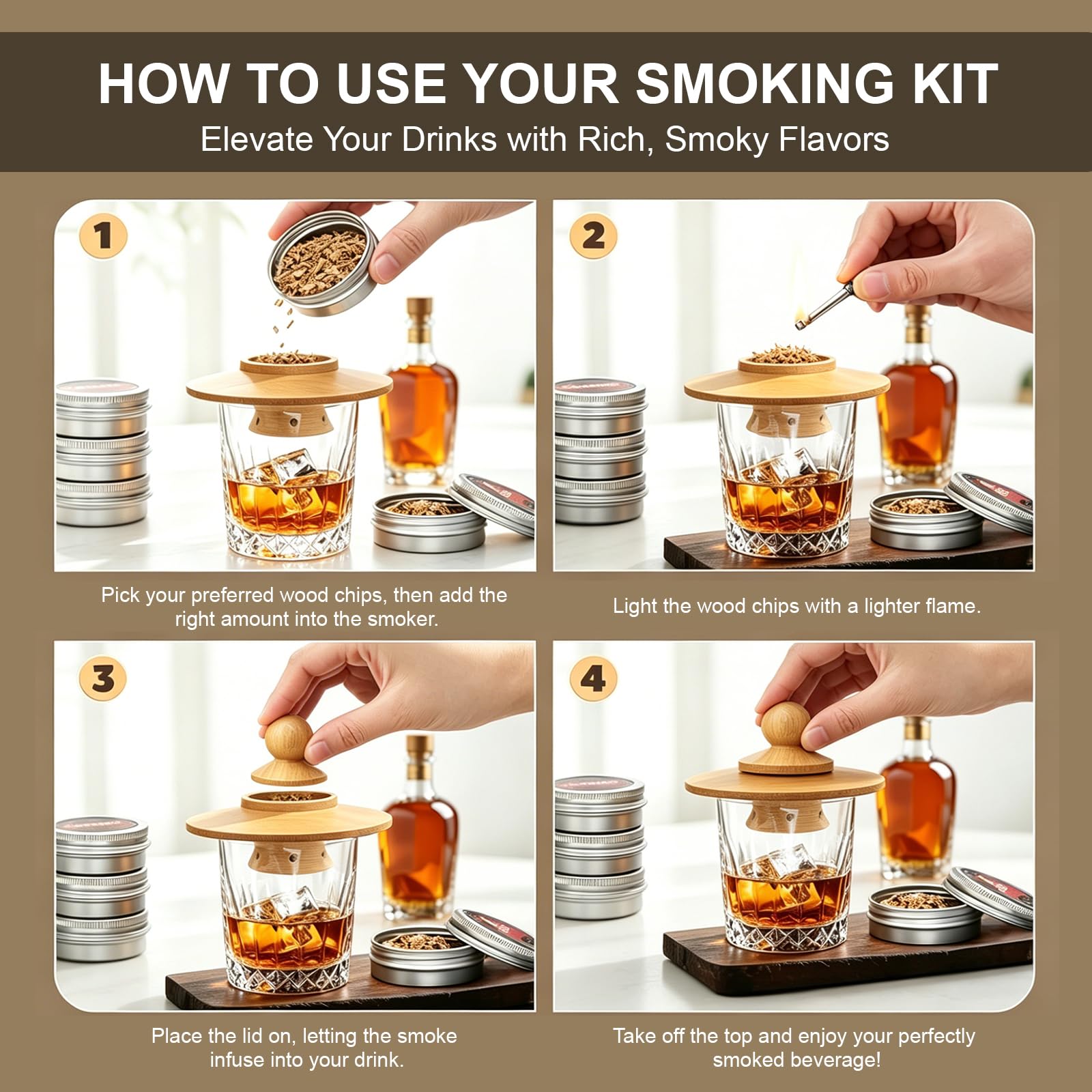 Affumicatore per Whisky UFO, Kit Affumicatore Cocktail con 4 Legni (Noce, Ciliegio, Quercia, Mela), per Whisky, Bourbon, Cocktail, Regalo per Uomo, Padre, Appassionati