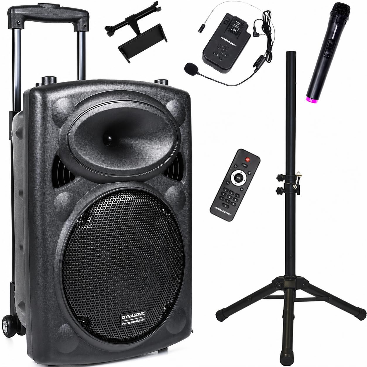 DYNASONIC Dynapro Powerful 12"/700W Autoamplified Speaker, Portable Bluetooth Speaker 2 Microphones, PA System, TWS, USB/SD and Long Battery Life, Ideal for Outdoor
