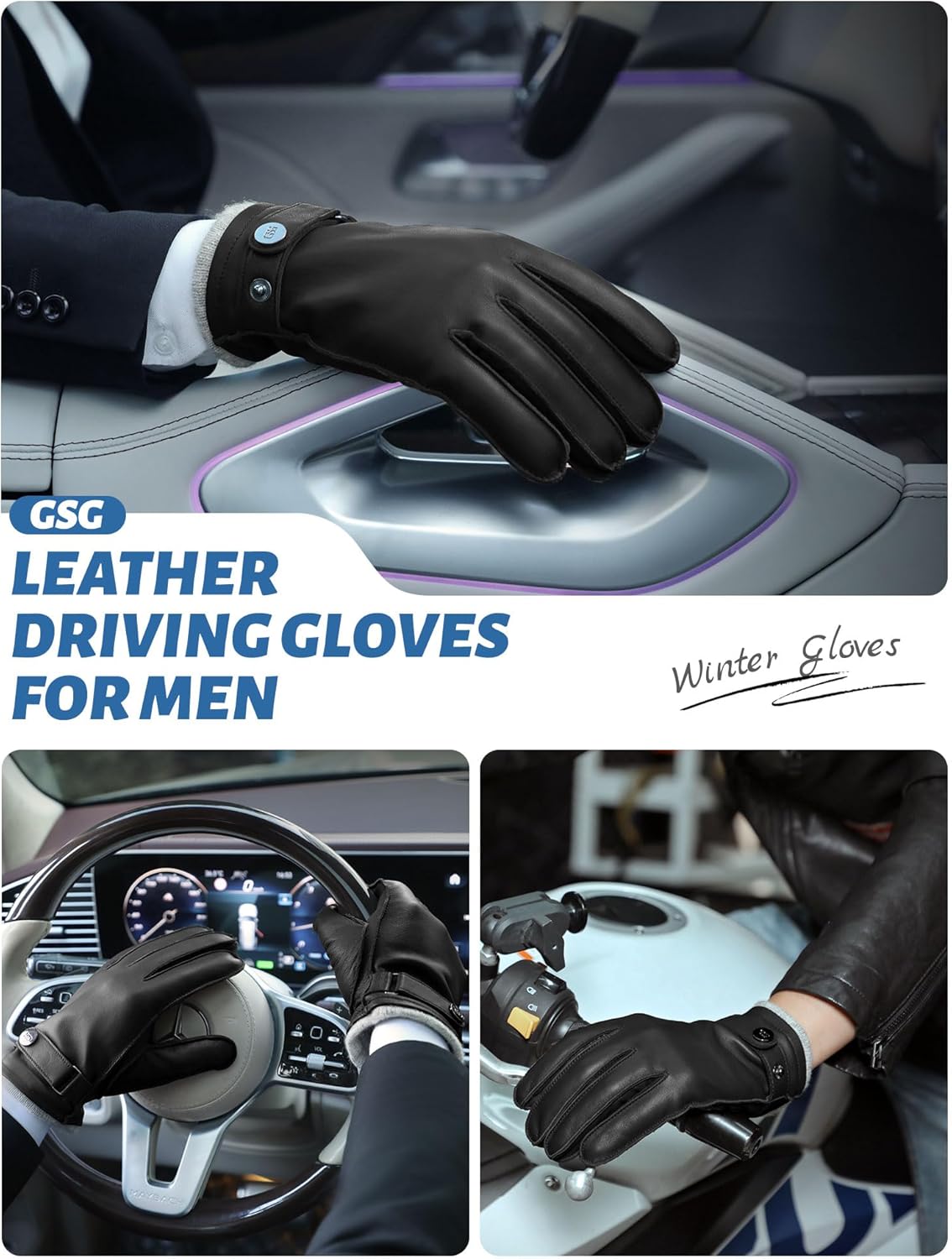 GSG leather gloves for men Sheepskin Classic Driving Gloves Winter Touchscreen Wool Lined Warm Gloves - Image 2
