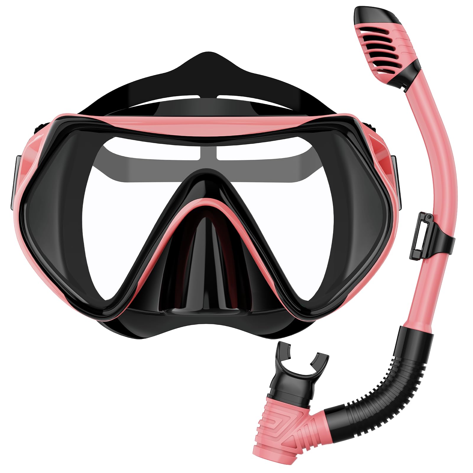 BuyCard Snorkel Mask,180 Degree Panoramic View Dry Top Snorkeling Gear，Safe Anti-Leak Anti-Fog Diving Mask, Snorkel Set and Swimming Goggles (Pink, (Ages 6-14))