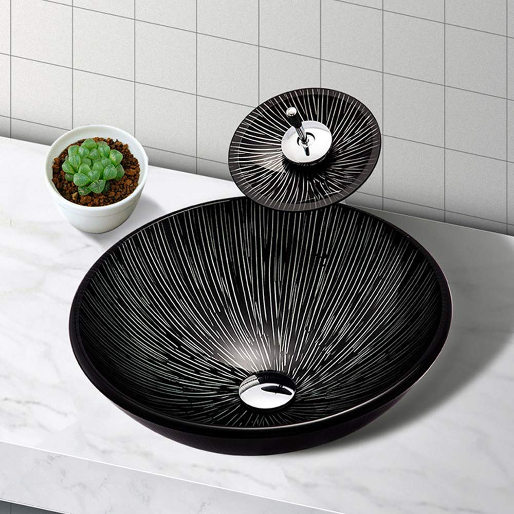 WOTZOV Cabinet Countertop Sink Artistic Tempered Glass Vessel Sink Bathroom Sink And Faucet Combo With Faucet,Black,A,Black C