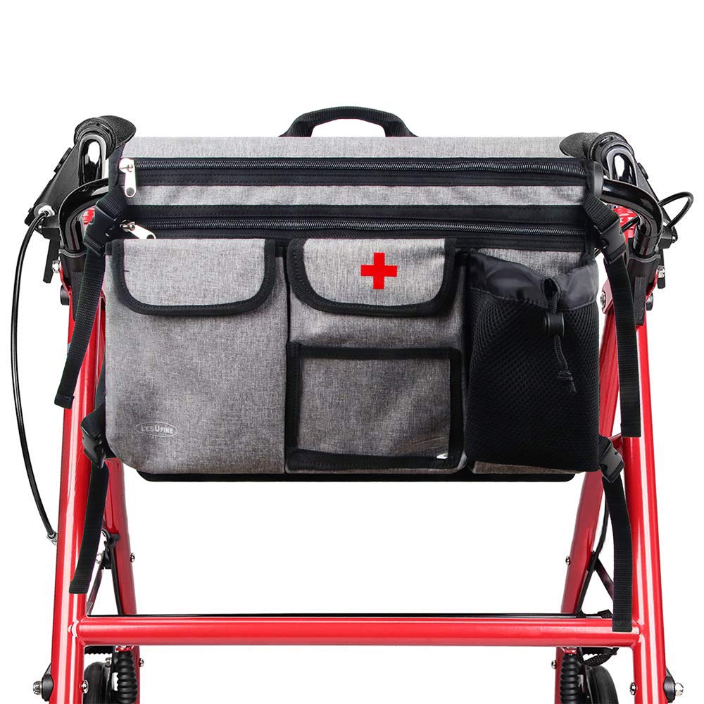 LESUFINE Wheelchair Bag Double Sided Walker Bags with Cup Holder for Folding Walker, Easy to Use for Elderly, Disabled