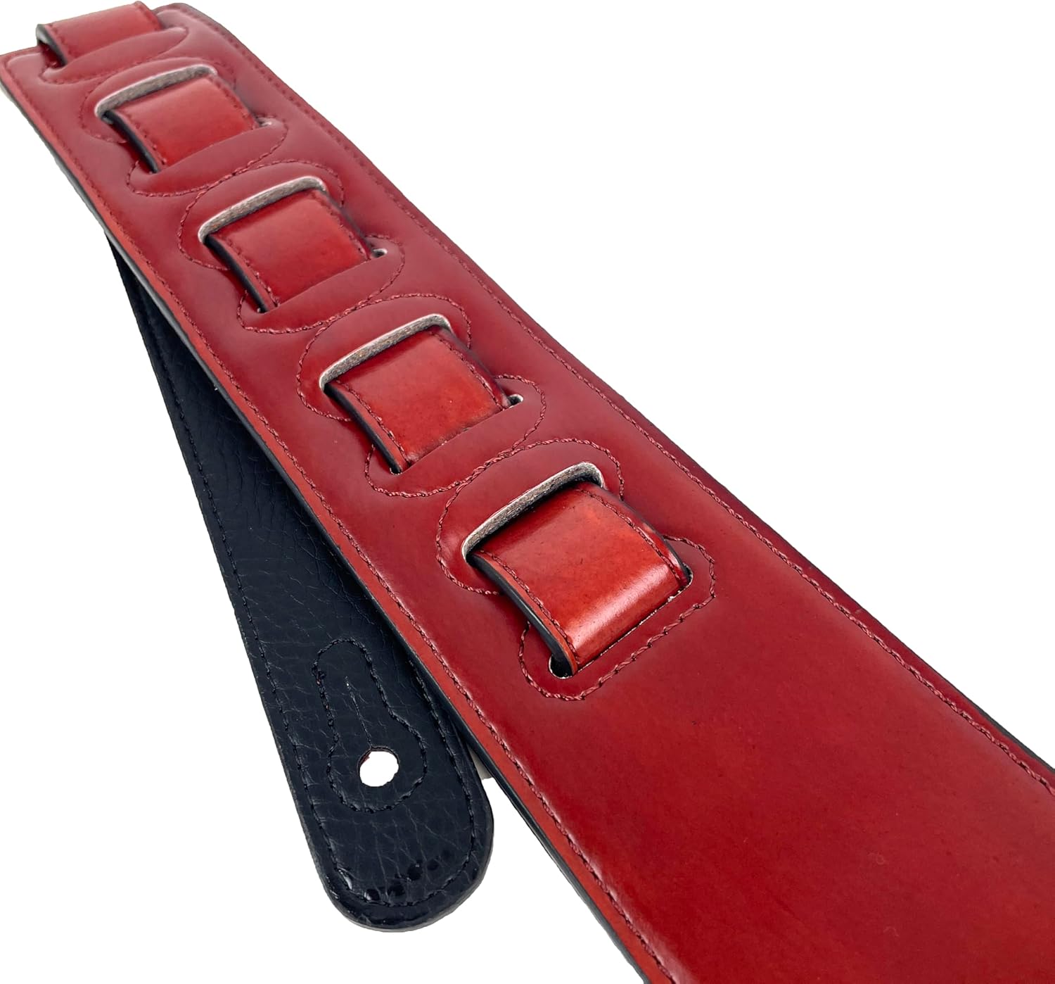 Walker & Williams KB-05-LBRN Bourbon Red Full Grain Center Block Carving Leather Padded Guitar Strap With Aged White Celtic Chain For Acoustic, Electric, And Bass Guitars