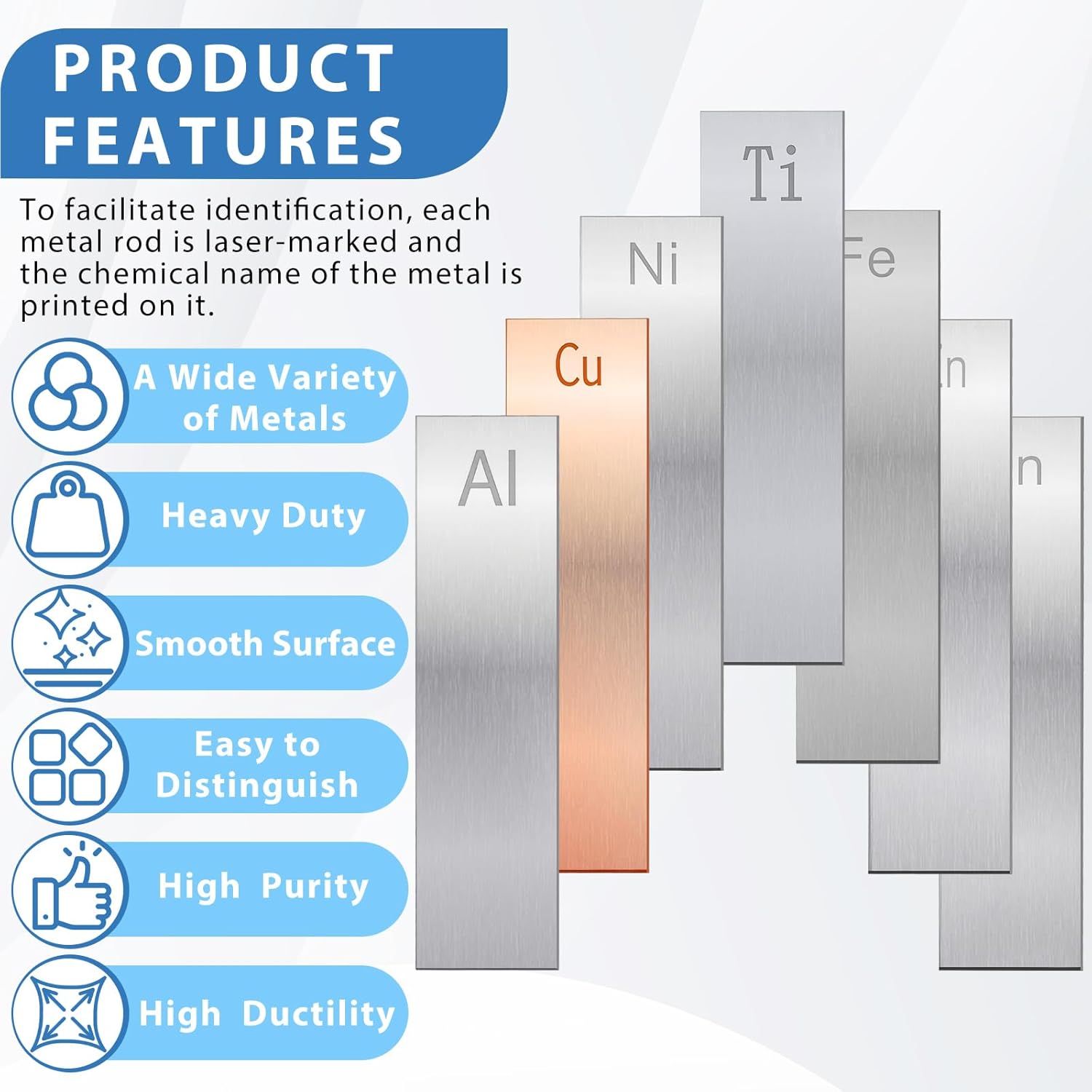 16 Pcs Metal Electrodes Set Electrode Strips 0.04"x1"x3.94" Tin, Nickel, Titanium,Zinc,Aluminum,Copper,Iron,Carbon for Scientific Experiments Electrochemical