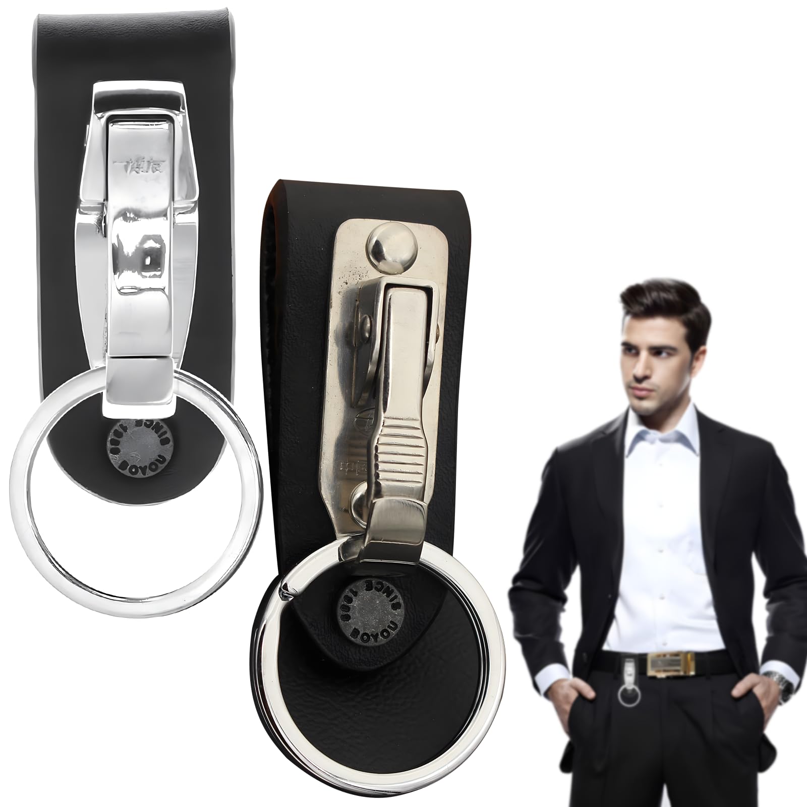 inherited behone 2 pcs Cadena de llave aro de cinturon, Llavero de metal Anillos de cinturon ancho negro, Cadena de llave aro de cinturon de cuero falso diseno de llavero de acero inoxidable