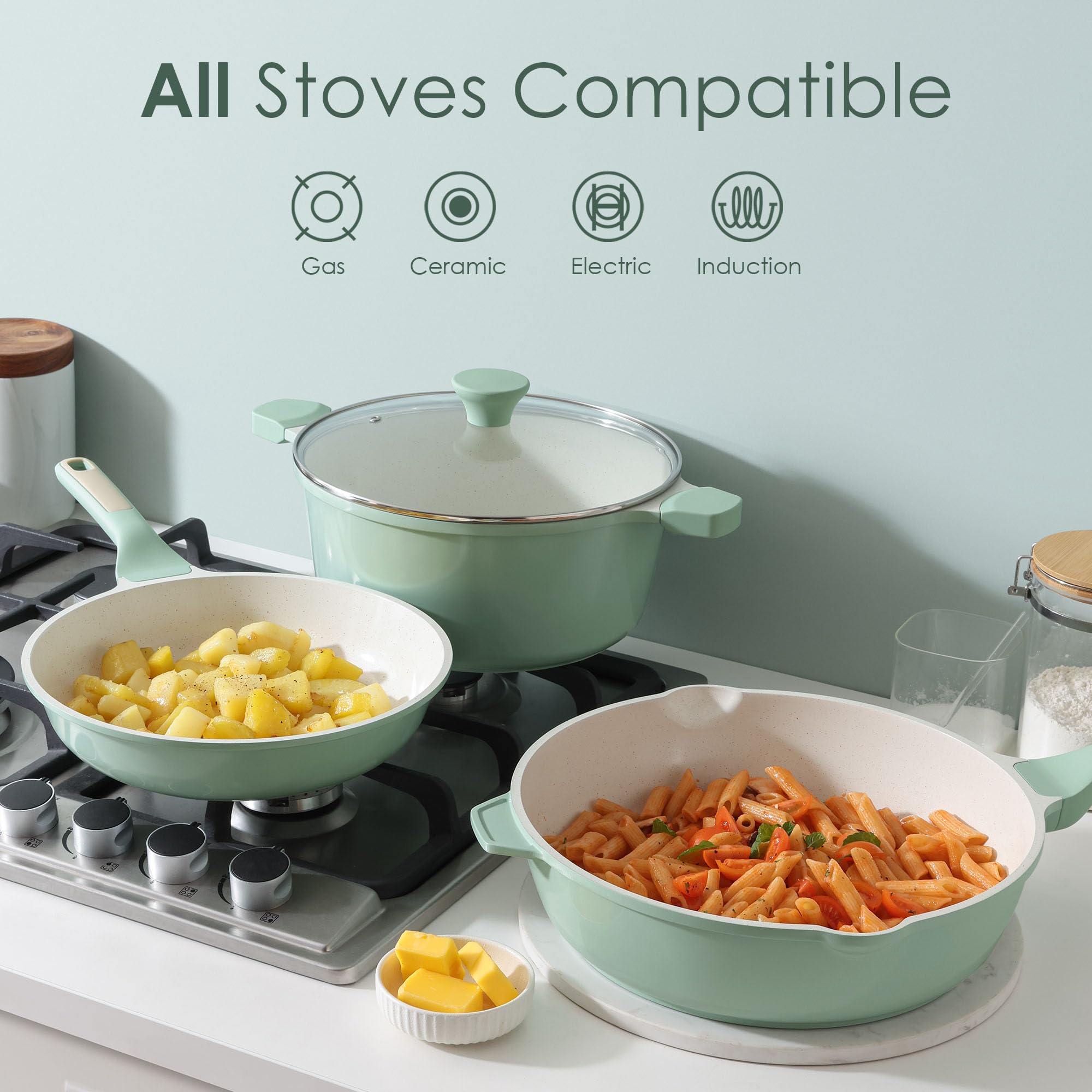 SENSARTE Nonstick Cookware Set 13-Piece, Non Stick Pots and Pans Set with Swiss Granite Coating, Healthy Kitchen Cooking Set, Stay-Cool Handles, PFOA Free: Mint Green