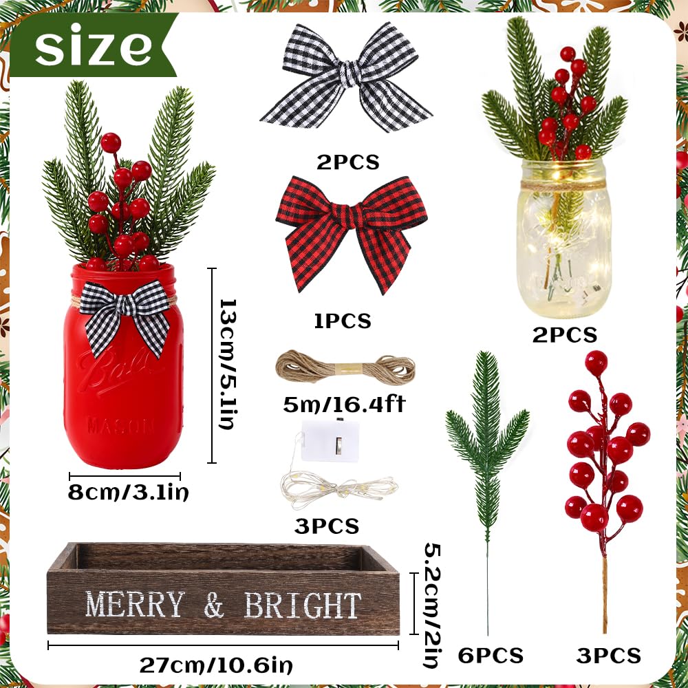 DIYDEC 3 barattoli decorativi natalizi da 7,6 x 12,7 cm, con vassoio in legno e fiori artificiali, ideali per l'inverno, le vacanze, la casa, centrotavola, decorazione regalo (rosso)