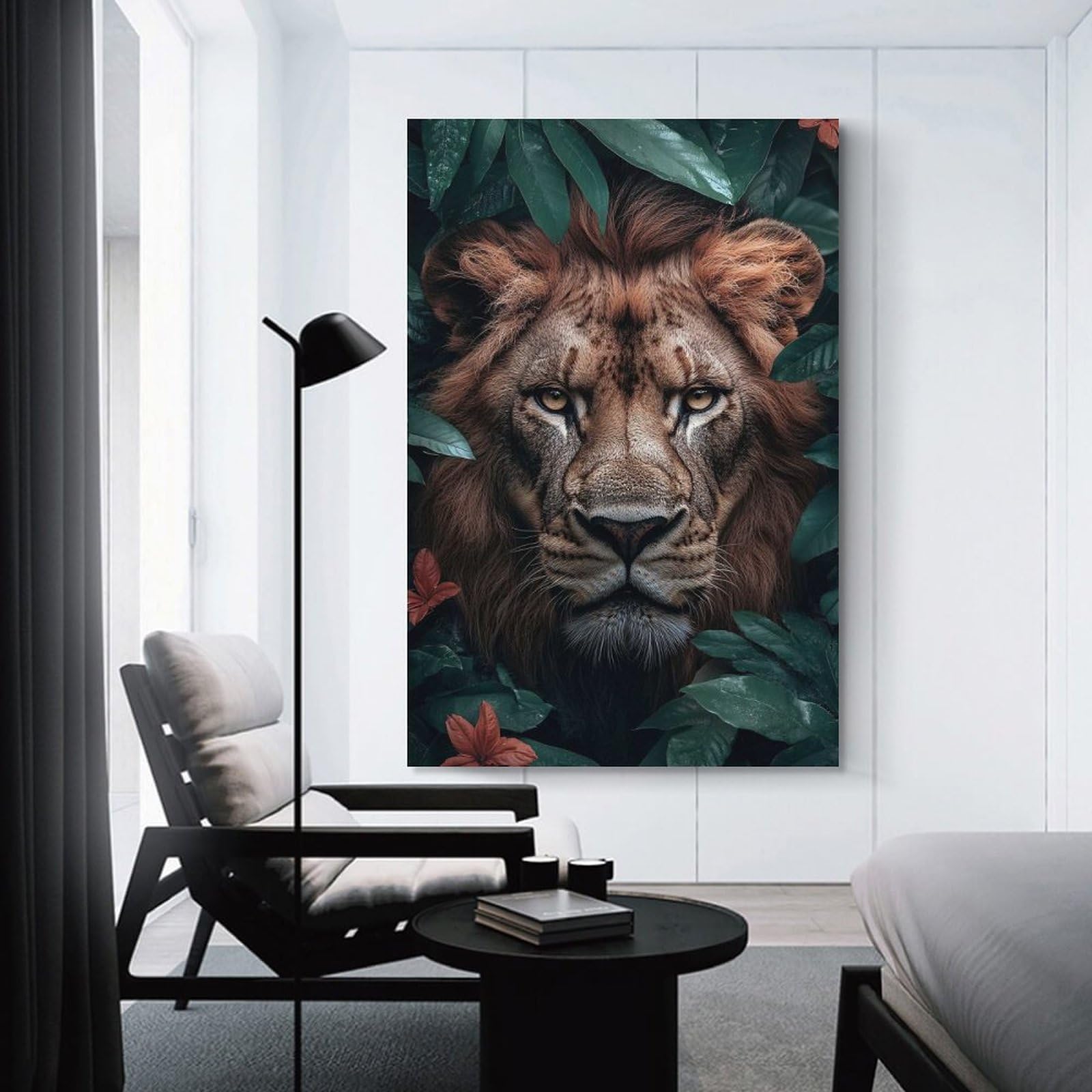 Junmoney Wall Art Print Majestic Lion in Lush Greenery, 16x24inch(40x60cm), for Study, Office Or Focused Interiors, Decorative Artwork for Productive Spaces