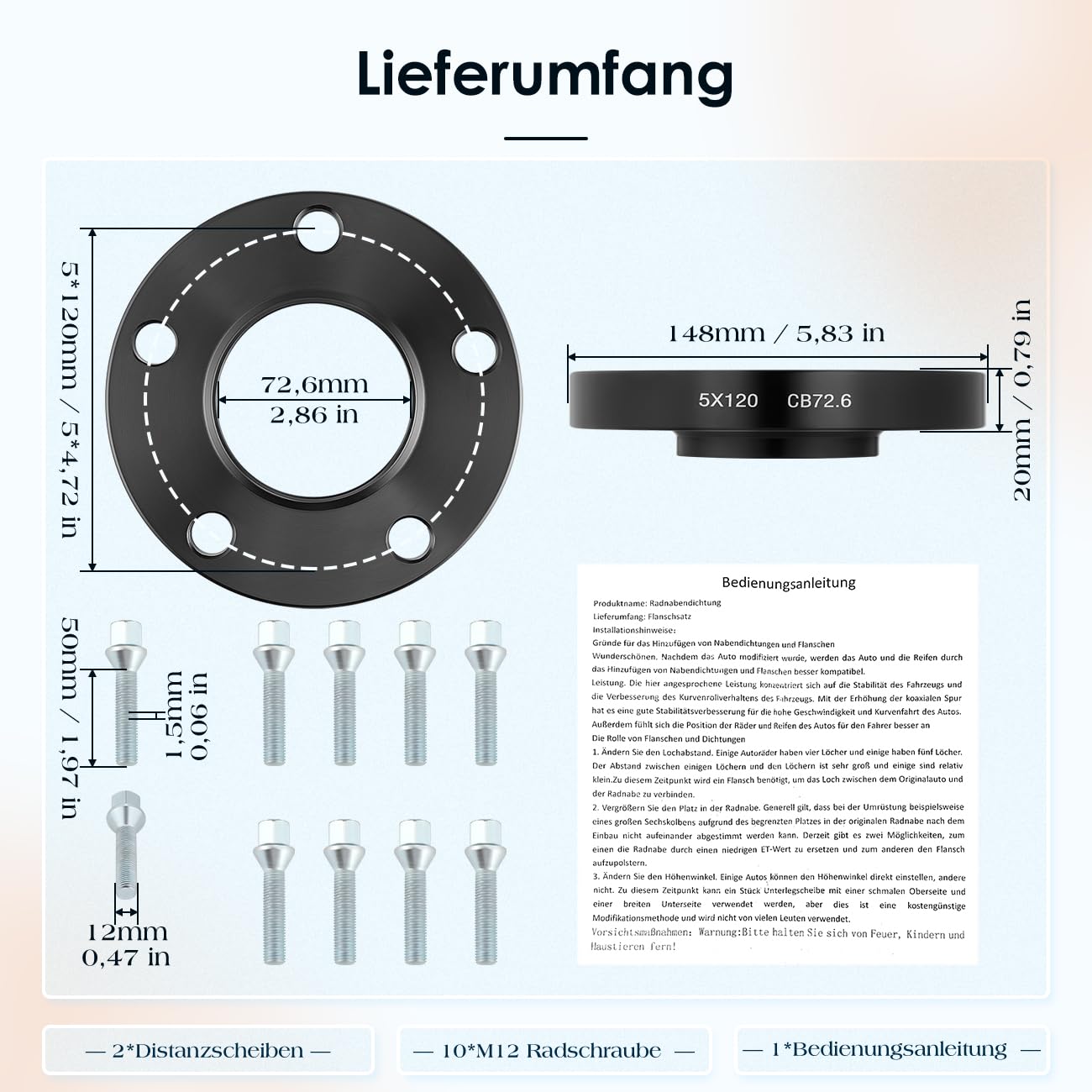 GEARMONSTER Spurverbreiterungen 2x20mm Distanzscheiben LK 120/5 NLB 72.6 Radschrauben M12x1.5 für BMW E36 E46 E90 E91 E92 E60 E61