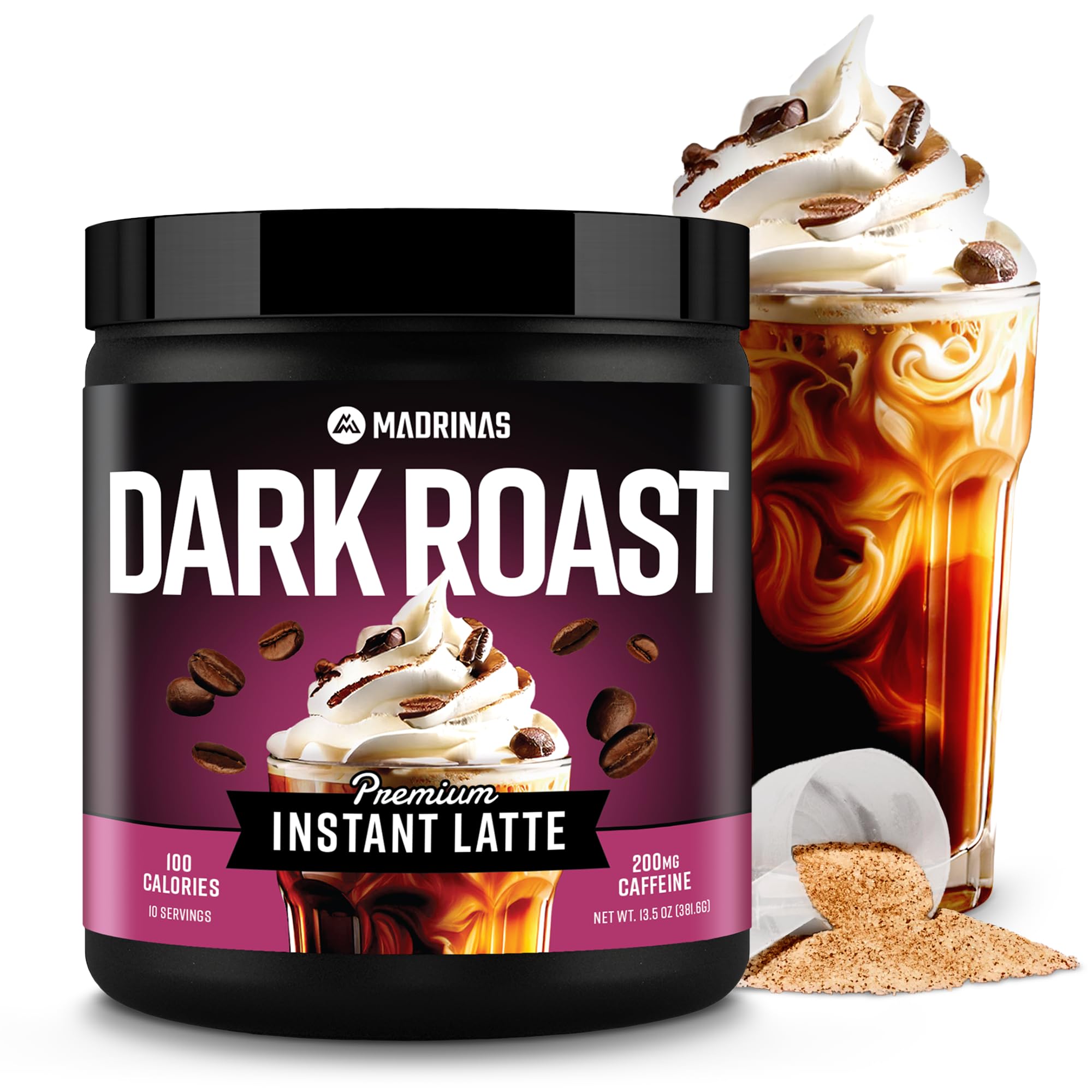 Premium All-Natural Dark Roast Instant Coffee Cold Brew Latte Mix - 10 Servings - High Caffeine, Rich & Flavorful, Gluten-Free, Convenient | MADRINAS