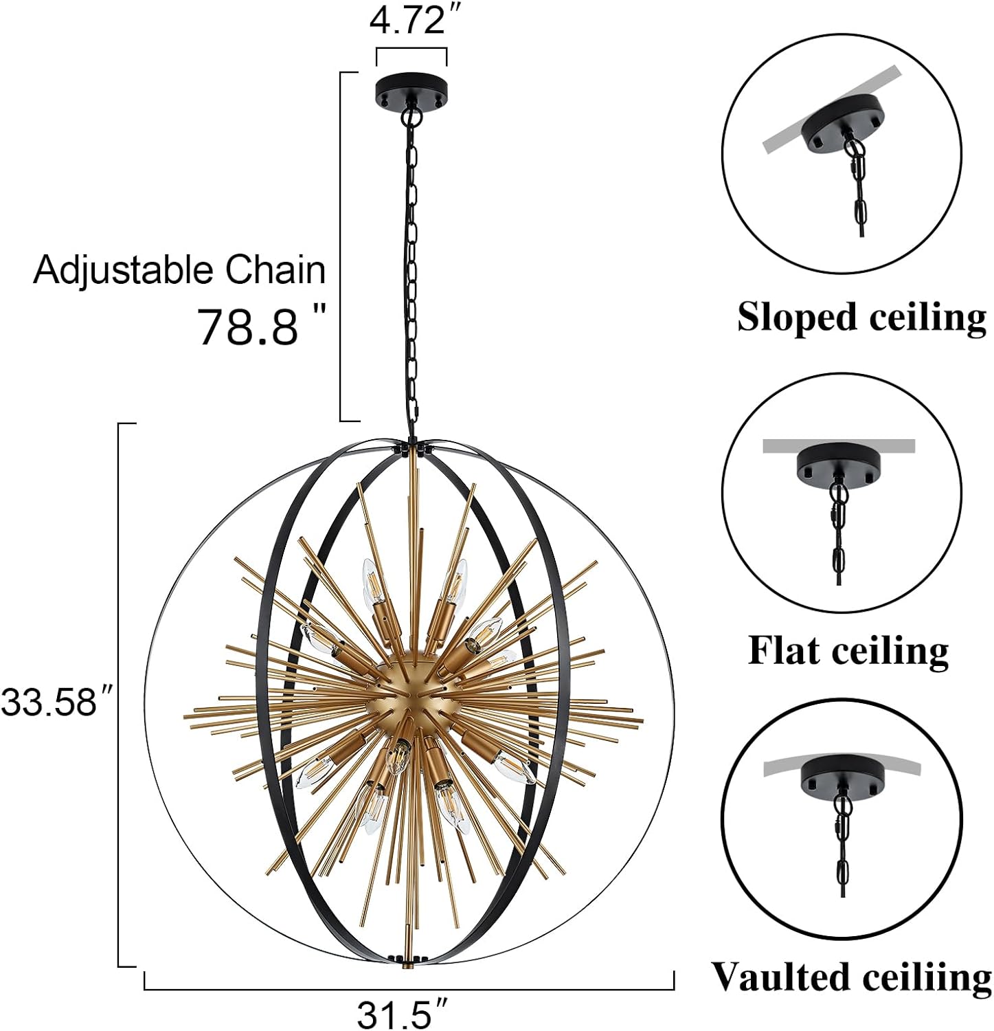 31.5" Black Gold Large Globe Sputnik Chandelier, 16-Light Mid Century Modern Industrial Starburst Golden Metal Satellite Light Fixture for High Ceiling Living Room Dining Room Foyer, E12