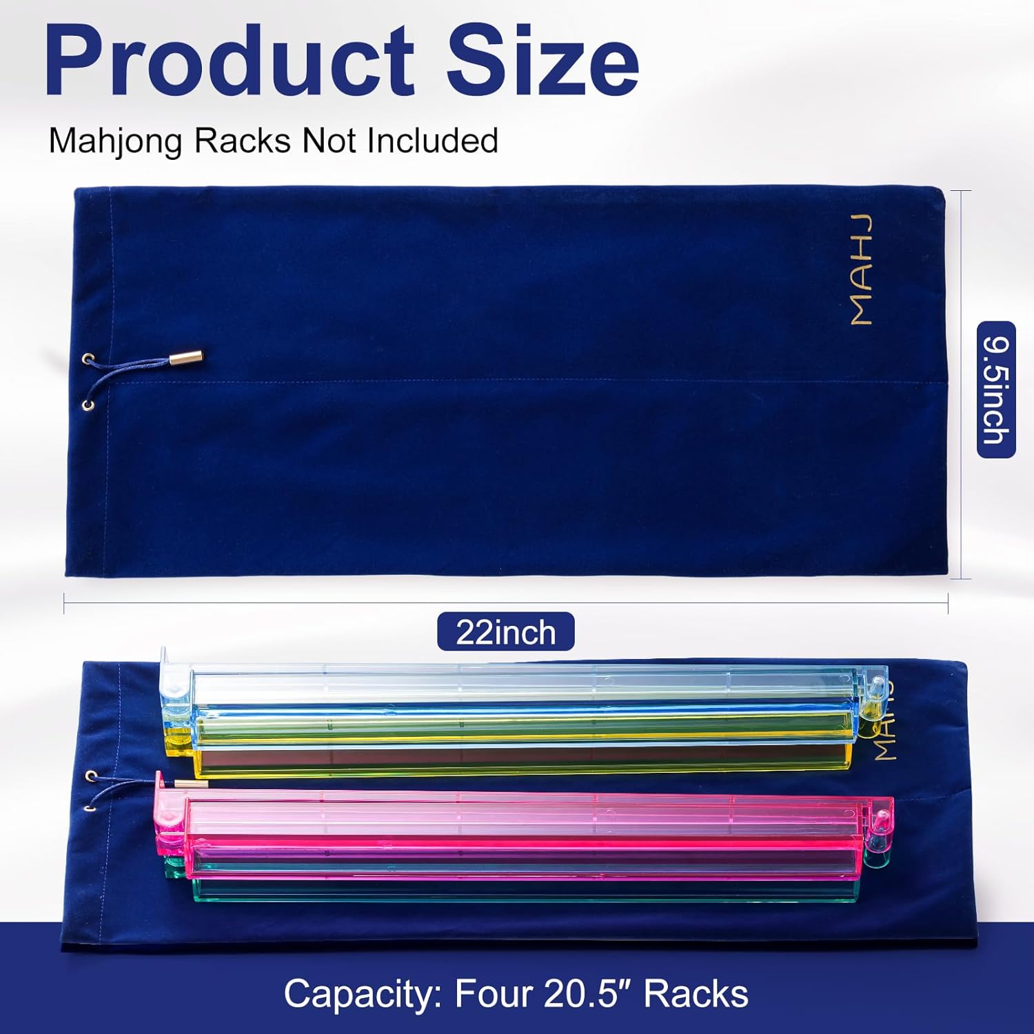 Storage Bag for Mahjong Racks and Pushers, 2 Compartments Fits 4 Racks – Velvet Drawstring Pouch with Soft Sleeves, Mah Jongg Accessory Organizer (Blue)