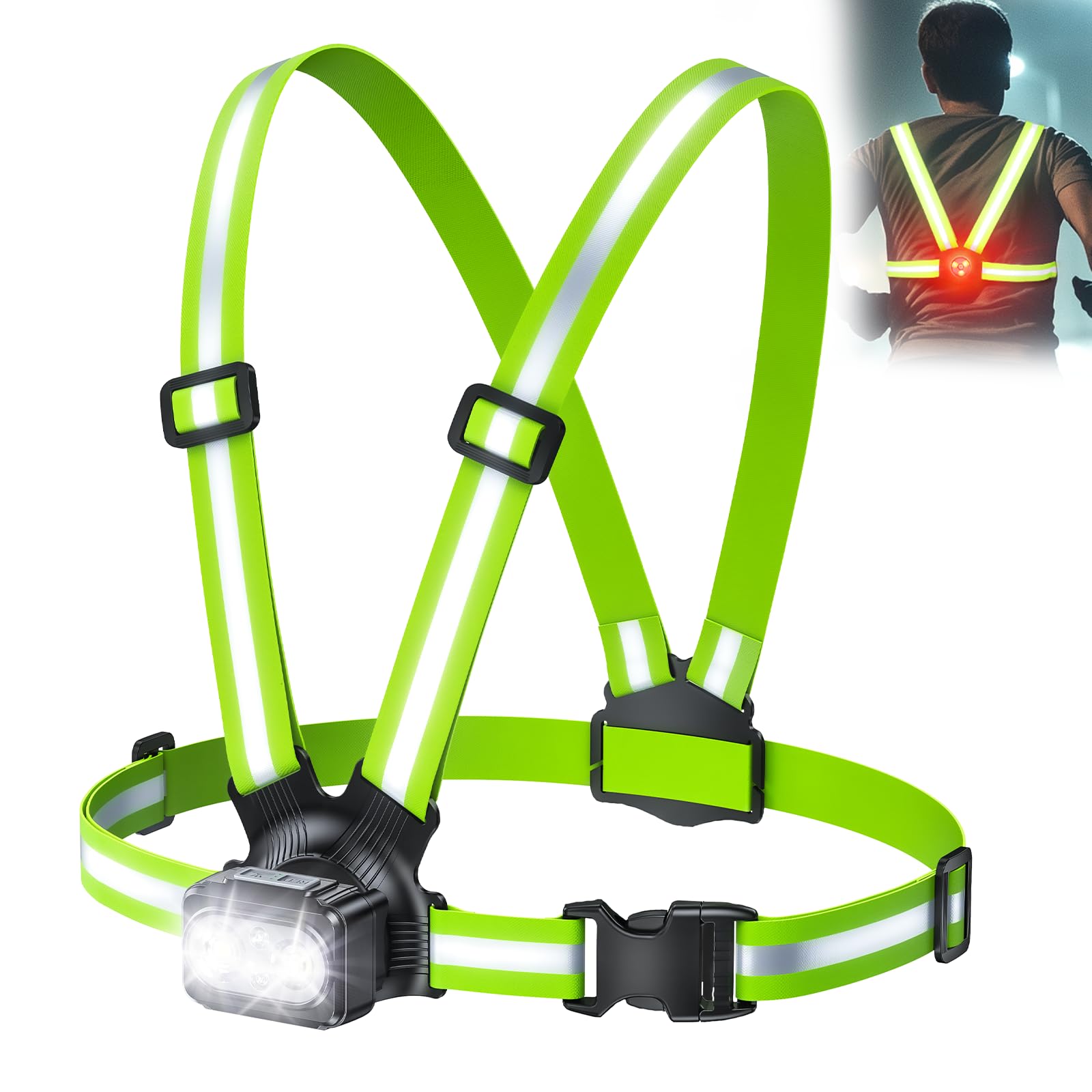 Rolgno 500 Lumen Lauflicht, Lauflampe Joggen mit 360° Reflektoren, Wiederaufladbar Brustlampe, 45° Verstellbar, 7 Modi & IPX4 Wasserdichter Running Light Stirnlampenzubehör für Nachtlauf