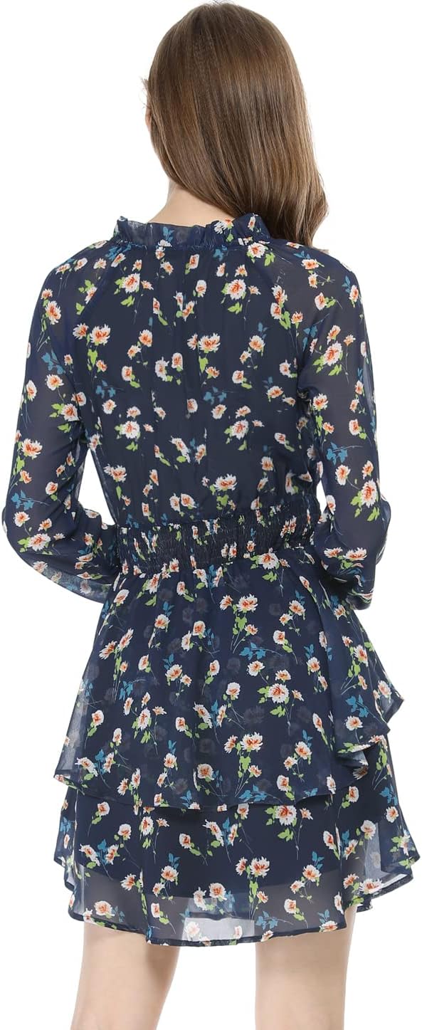 Allegra K Women's Ruffled Floral Smocked Waist Layered Tiered Chiffon Dress - Image 5