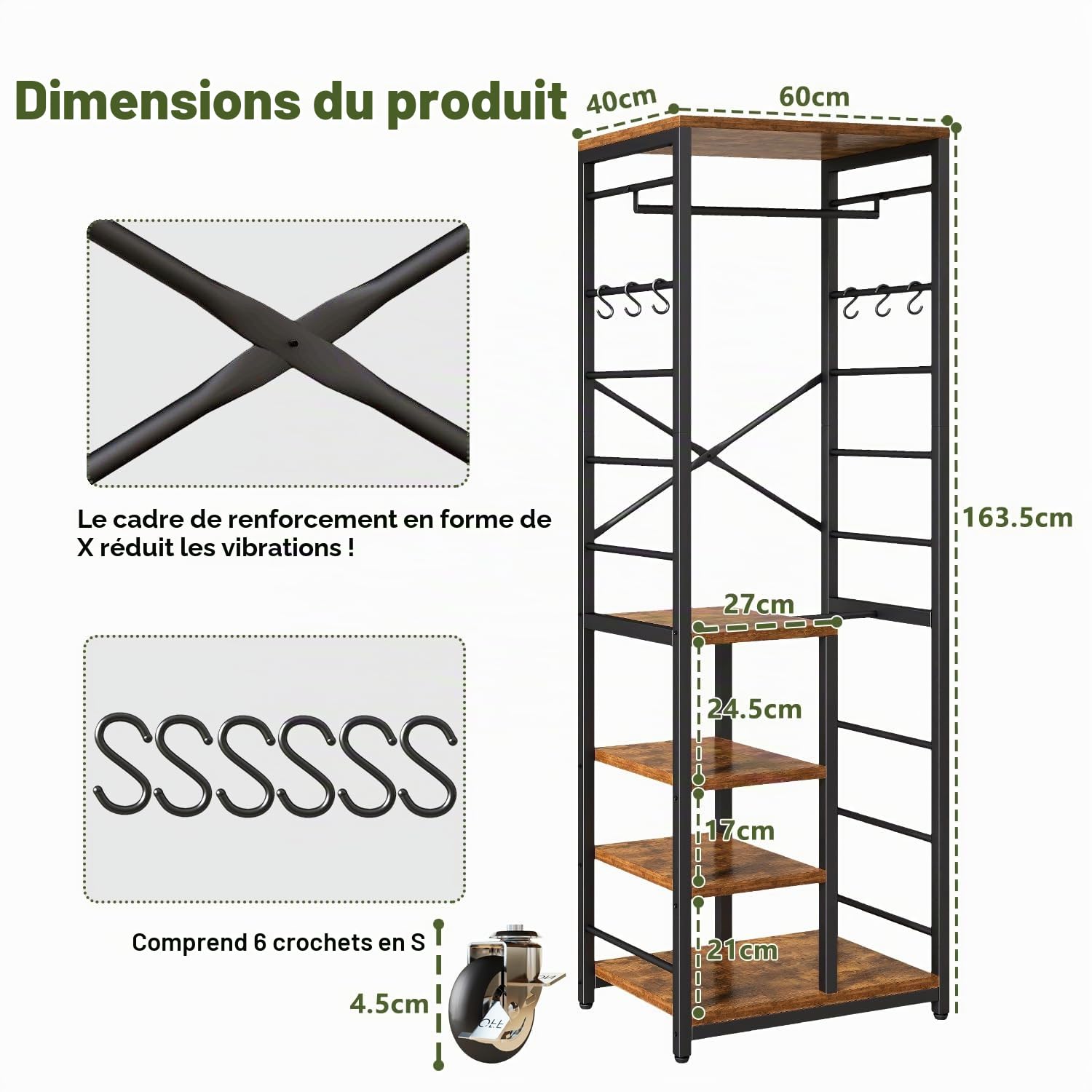 IBUYKE Portemanteau autonome avec 4 Roulettes Pivotantes à 360°, avec étagères et crochets, porte-manteau industriel pour entrée, couloir, chambre à coucher, Marron Rustique TMJ089H