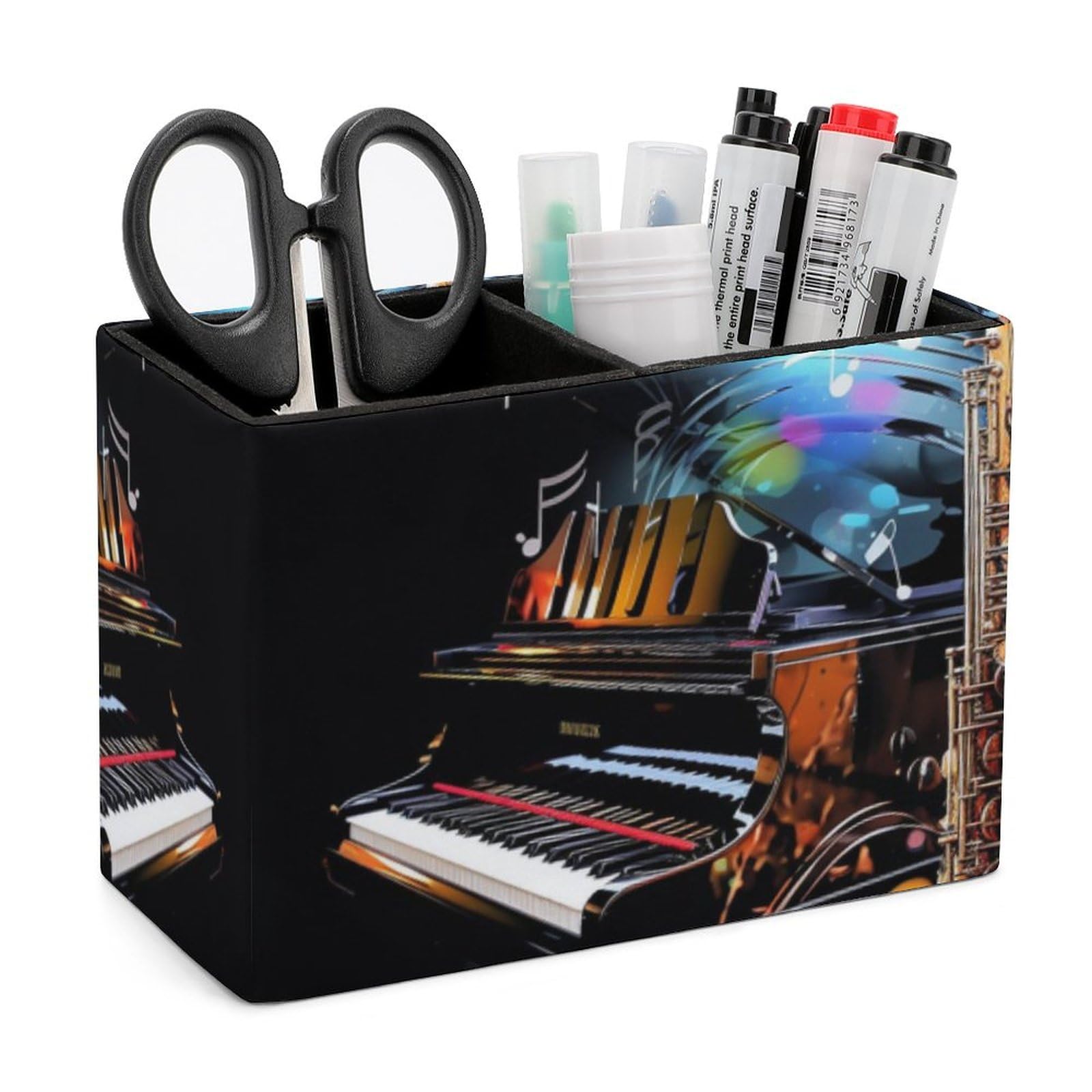 QSMGHKD Leather Pen Holder for Desk,Saxophone And Piano Printed Pen Pot with 2 Sections,Pencil Holder Box,Stationary Makeup Brush Organiser for Desk Office Tidy Organiser