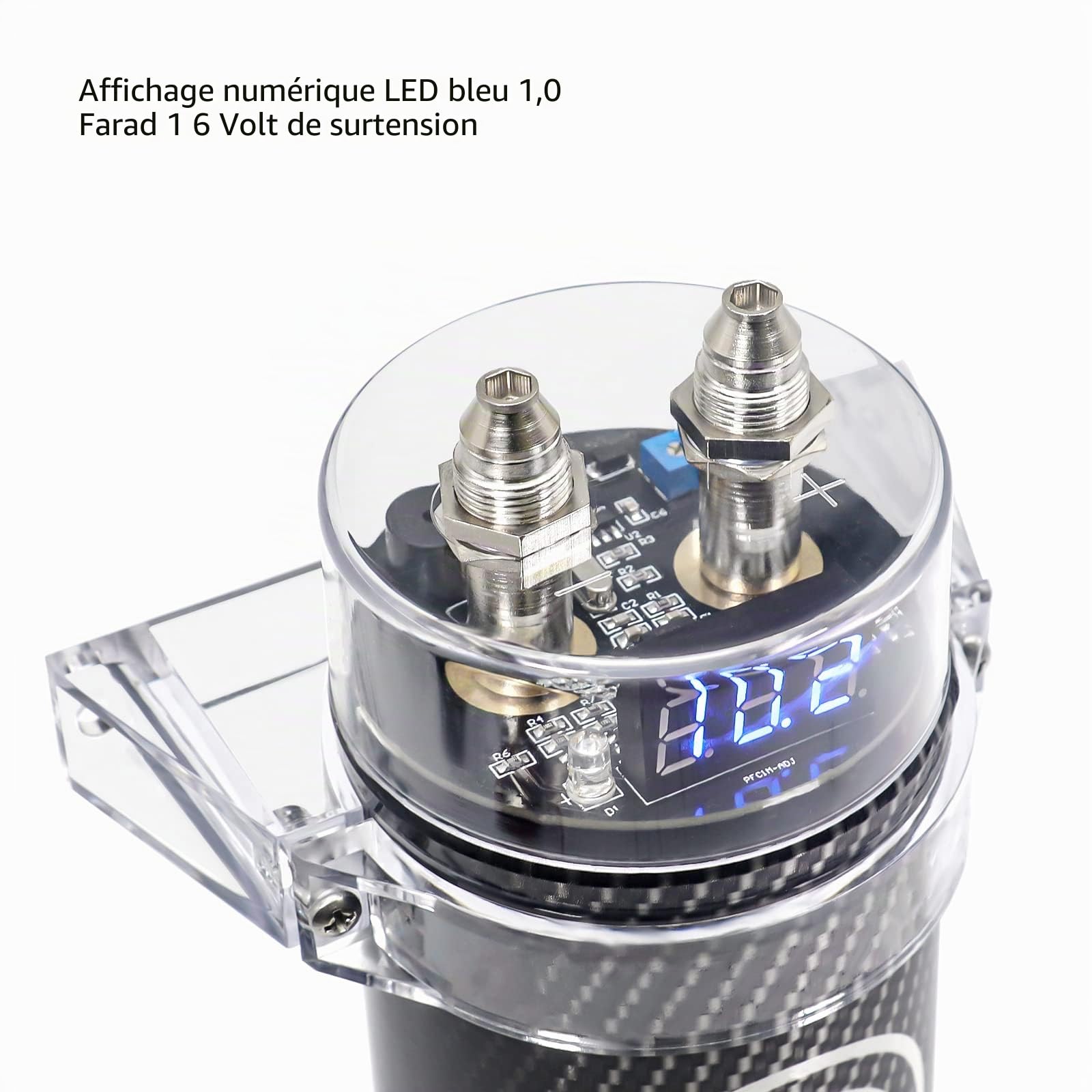 RECOIL R1D Condensateur de Stockage d'Énergie pour Ampli Audio 1.0 Farad, Voltmètre Numérique Bleu, pour Systèmes jusqu'à 1000W