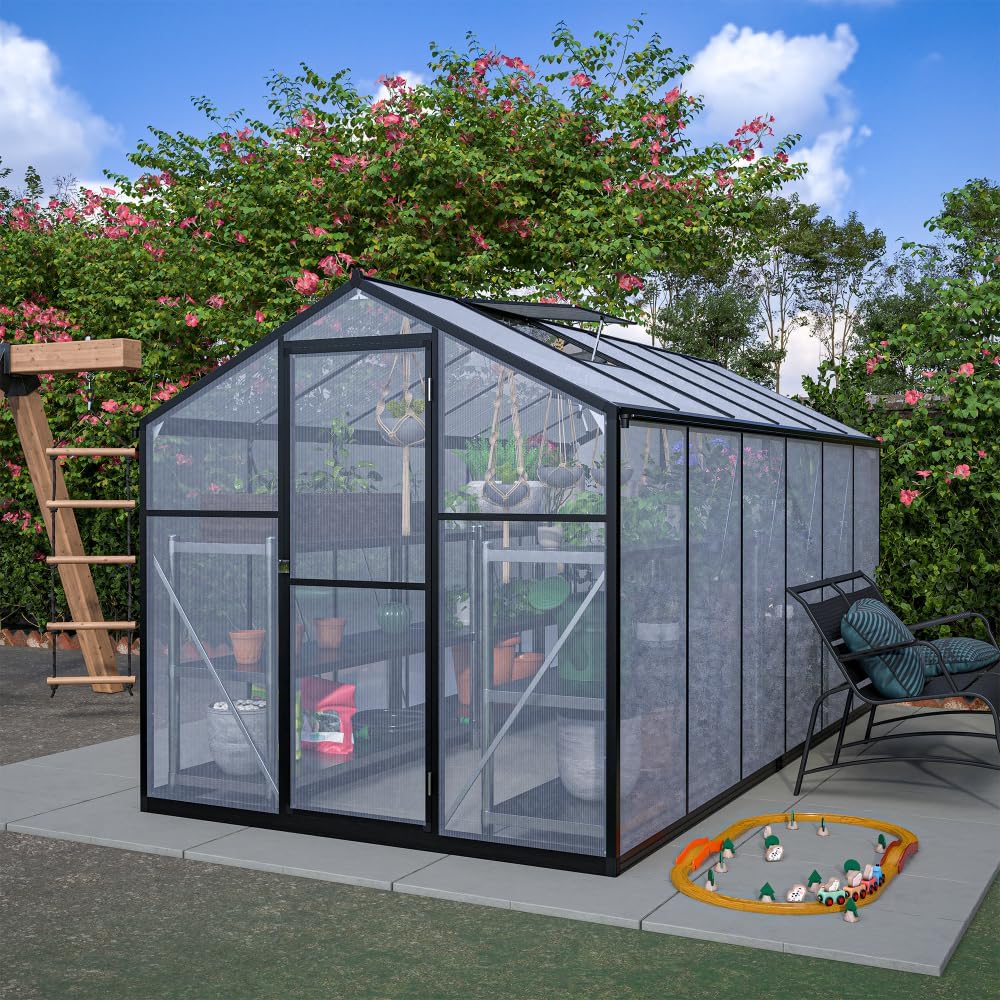 Heavy-Duty Polycarbonate Greenhouse with Double Flush Doors, Rain Gutter System, and Adjustable Ventilation Window for Garden, Backyard, or Sunroom Use (6x12 FT)