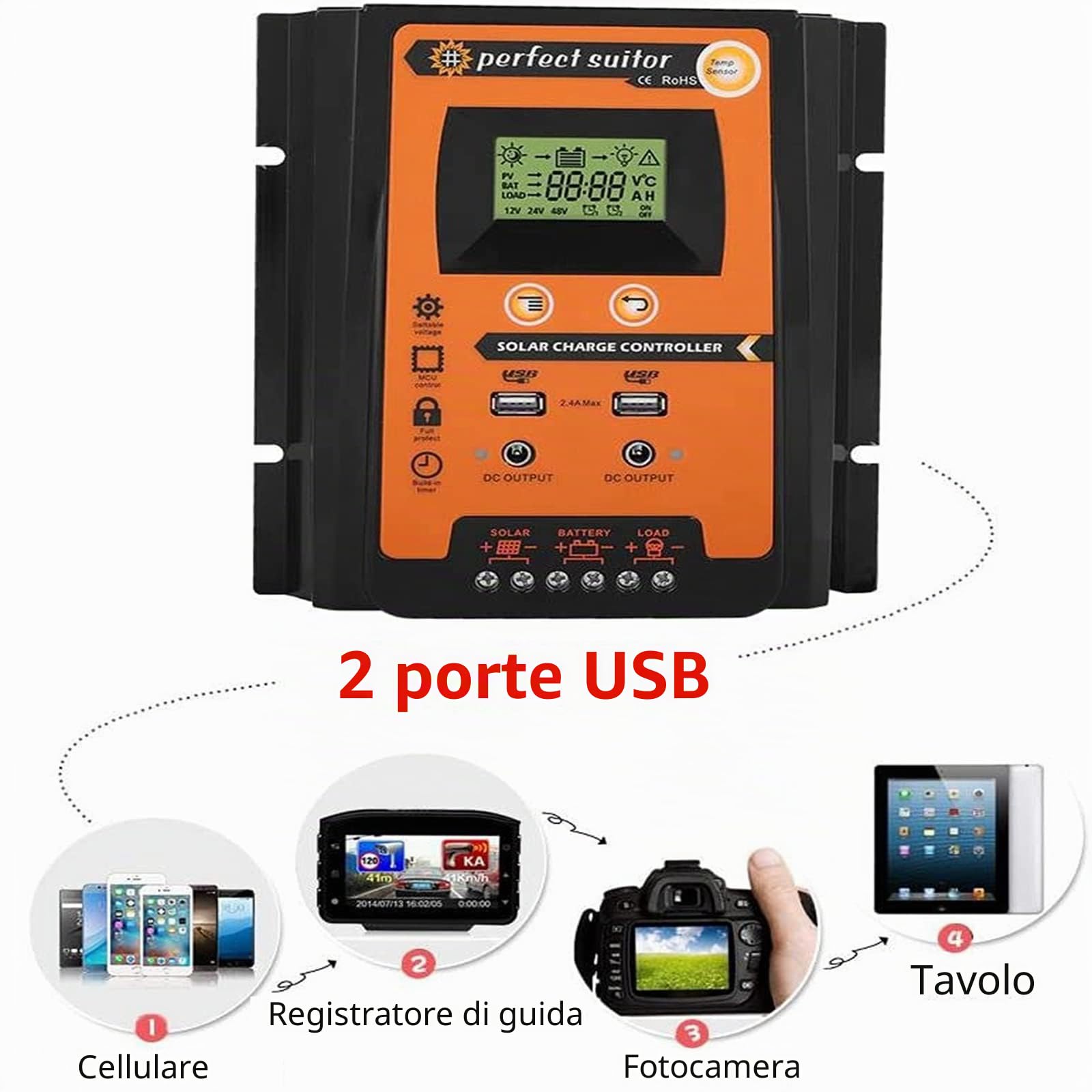 Regolatore di carica solare 12V/24V, Dual USB MPPT Regolatore di carica solare Pannello solare Regolatore batteria Regolatore solare con display LCD.(70A)