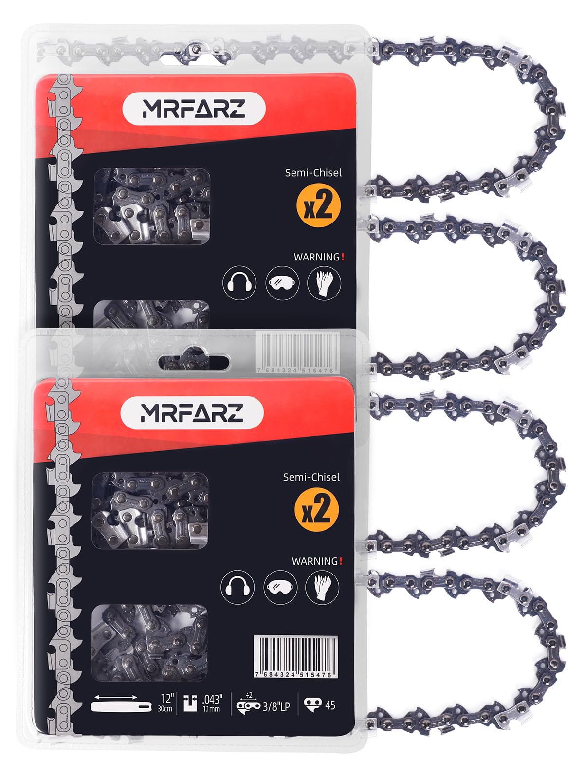 MRFARZ 12 Inch Chainsaw Chains, Pack of 4 Chains 45 Drive Links 3/8" LP Pitch .043" Gauge R45 Low-Kickback Semi-Chisel Replacement Saw Chains fits DCCS620,CMCCS620,RY40500, PPT266 280 and More